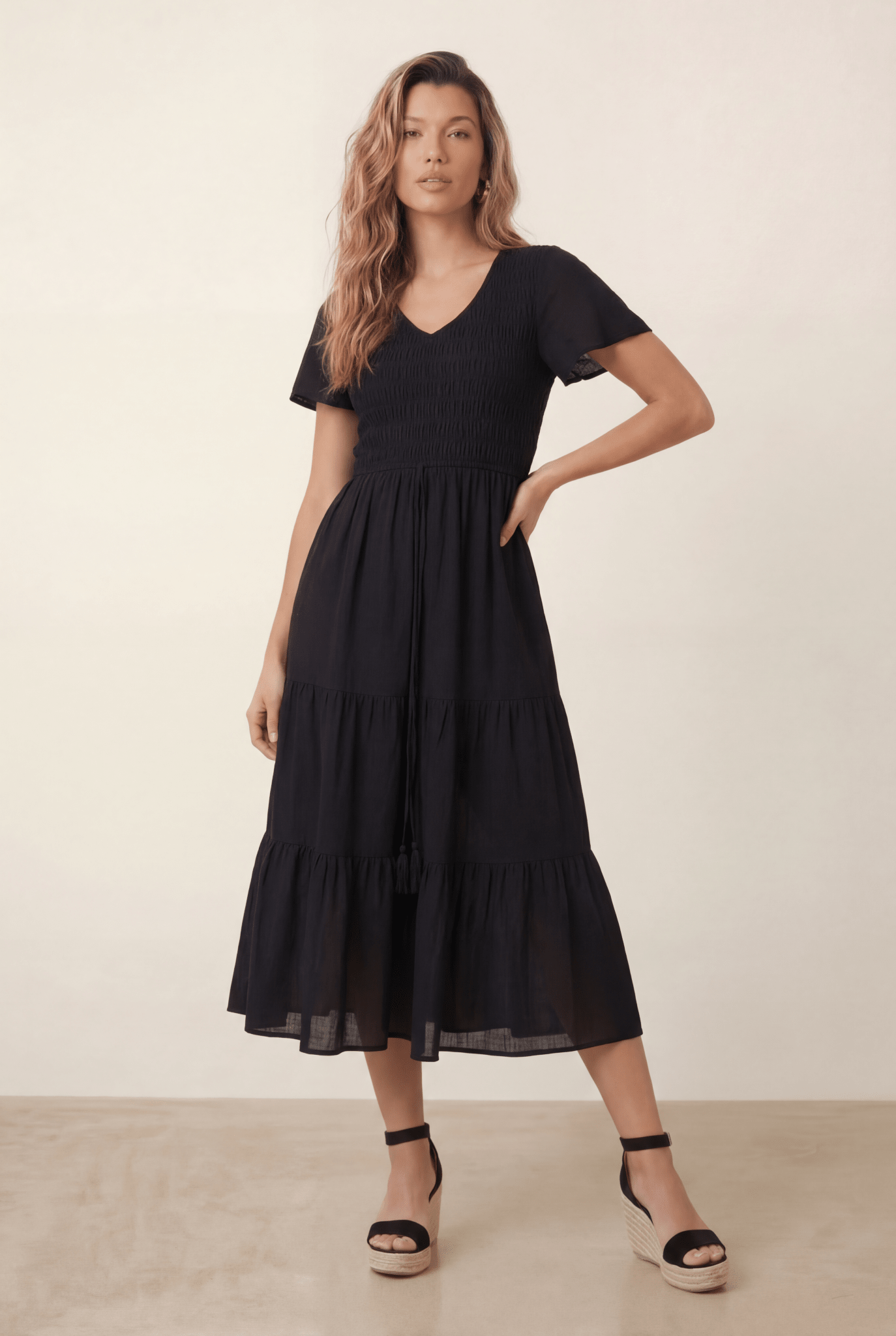 V Neck Shirred Midi Dress - Style Cheat