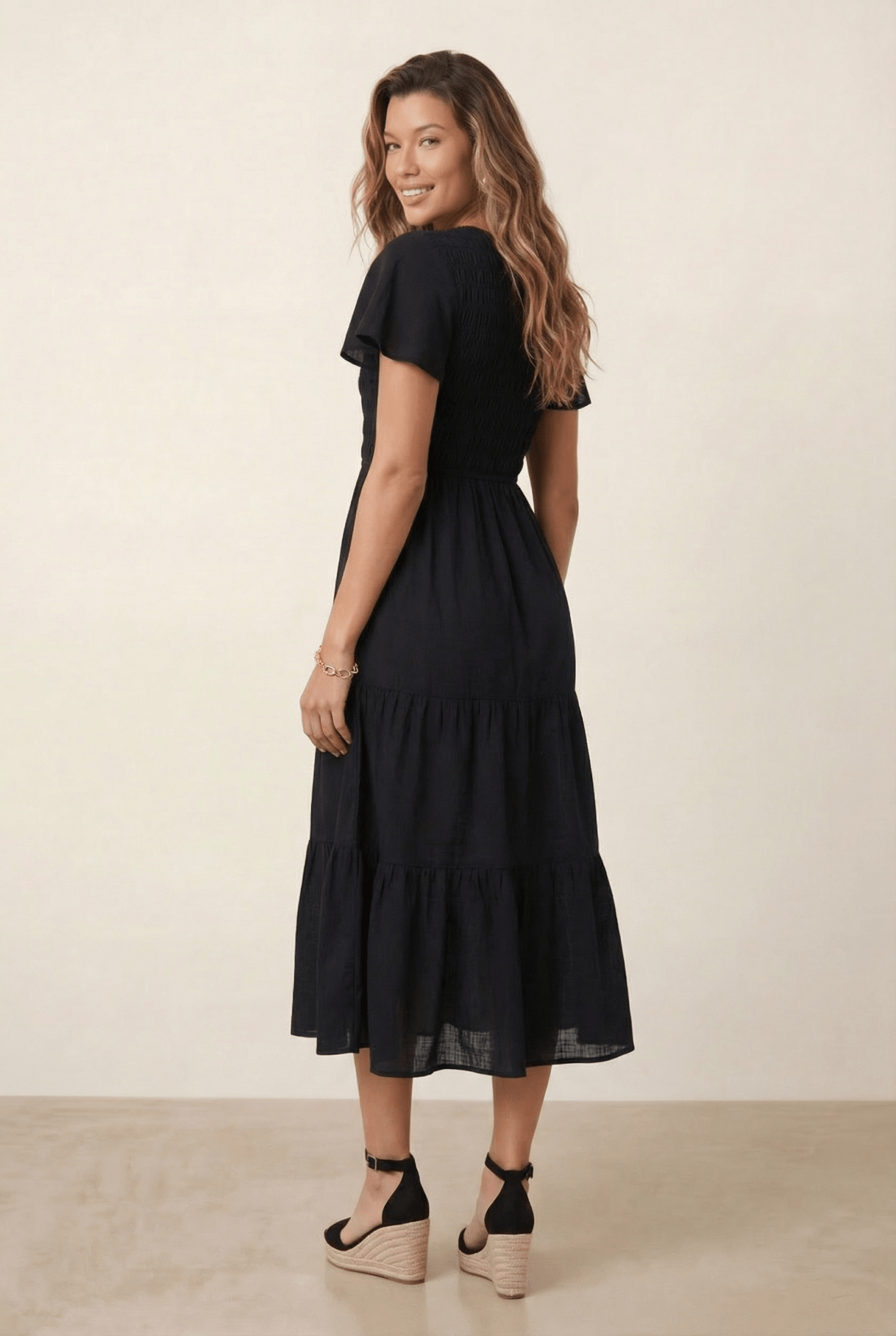 V Neck Shirred Midi Dress - Style Cheat