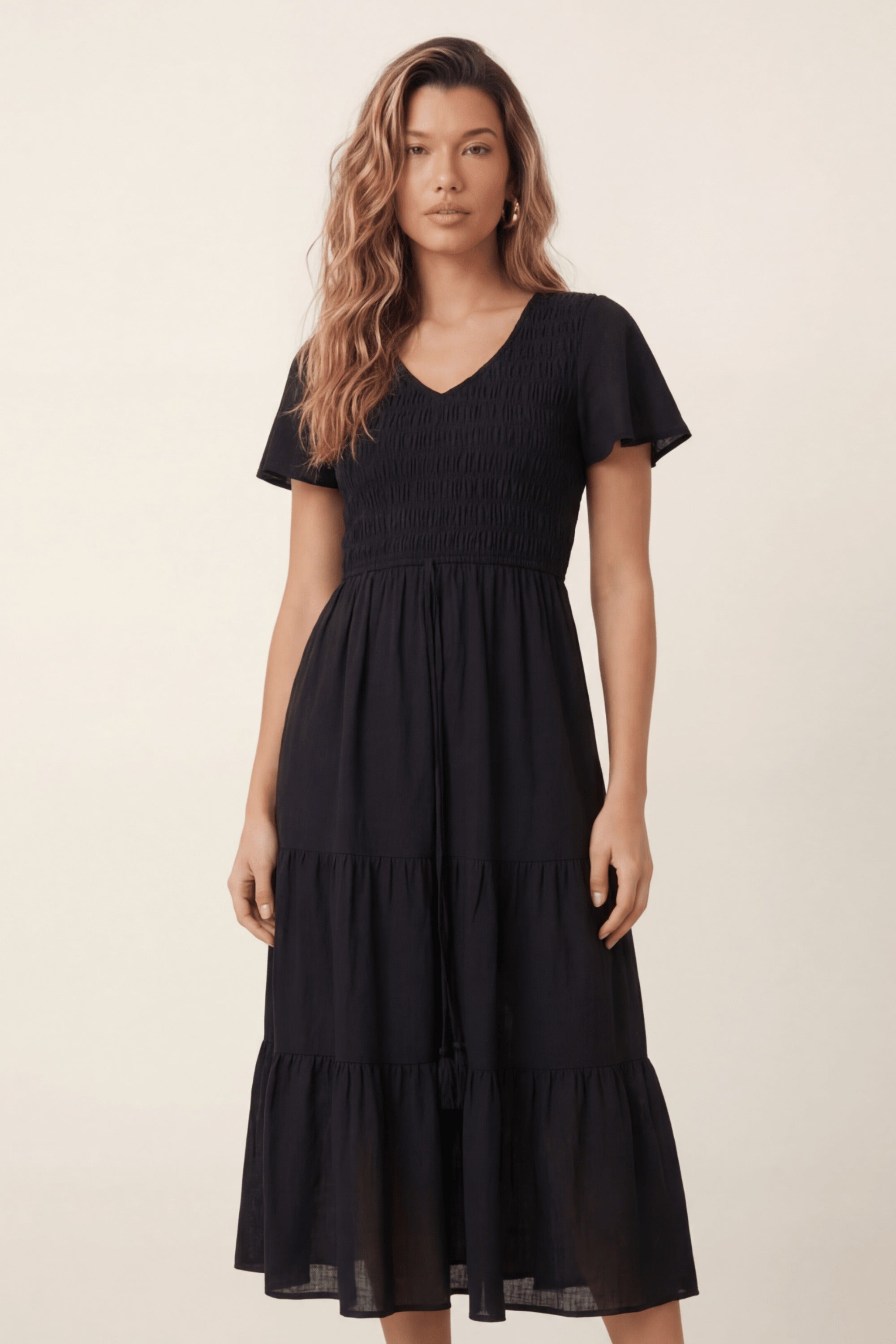 V Neck Shirred Midi Dress - Style Cheat