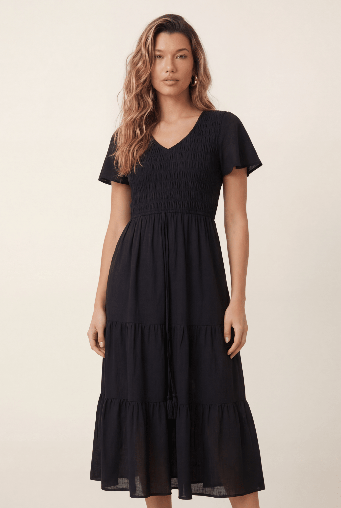 V Neck Shirred Midi Dress - Style Cheat
