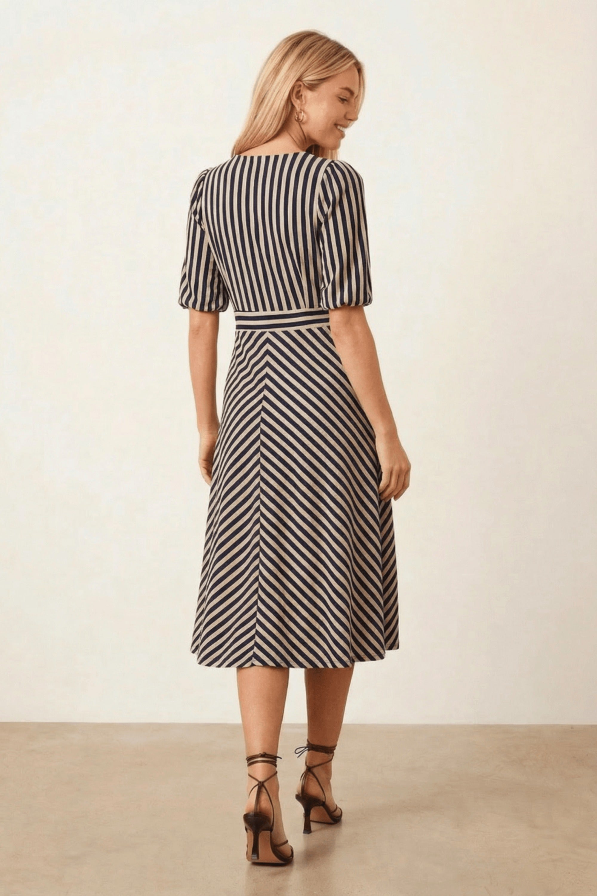 Navy Stripe v neck Midi Dress - Style Cheat