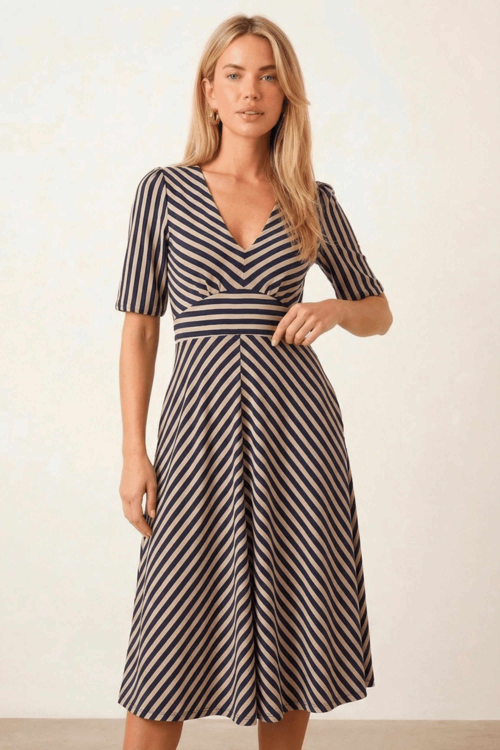 Navy Stripe v neck Midi Dress - Style Cheat