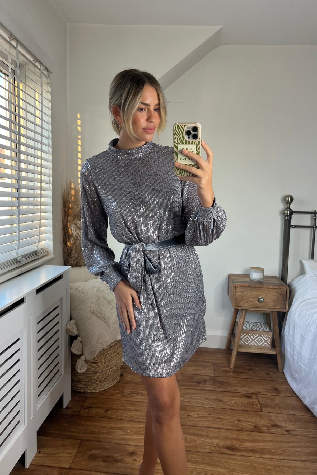 Hannah Sequin High Neck Mini Dress / Silver