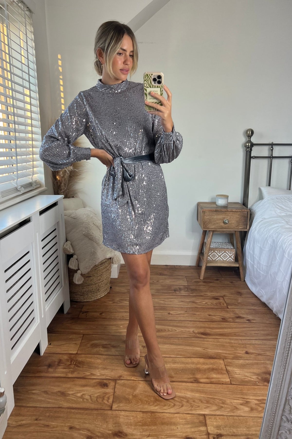 Hannah Sequin High Neck Mini Dress / Silver
