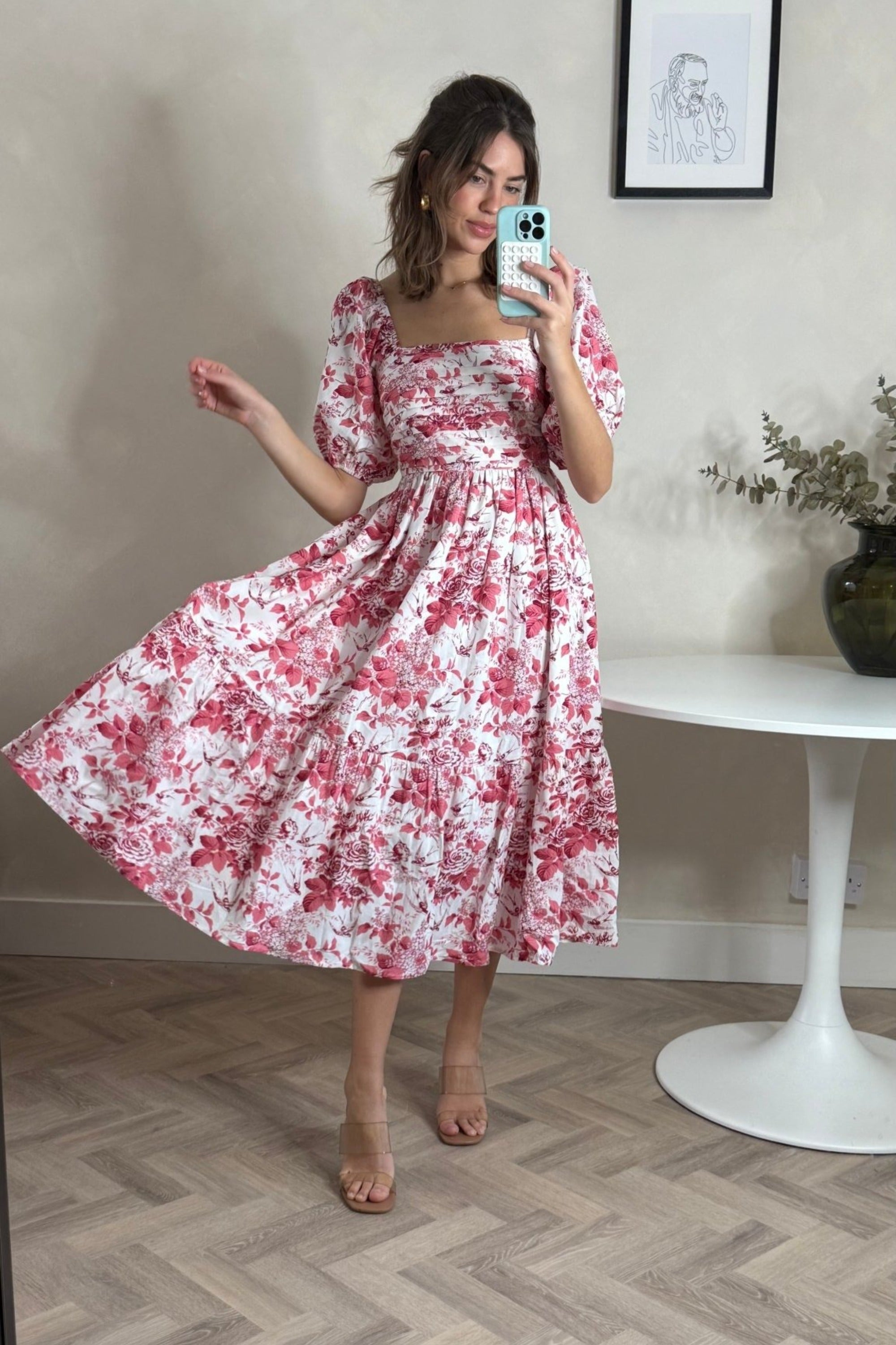 Leighton Puff Sleeve Midi Dress in Pink Floral - Style Cheat