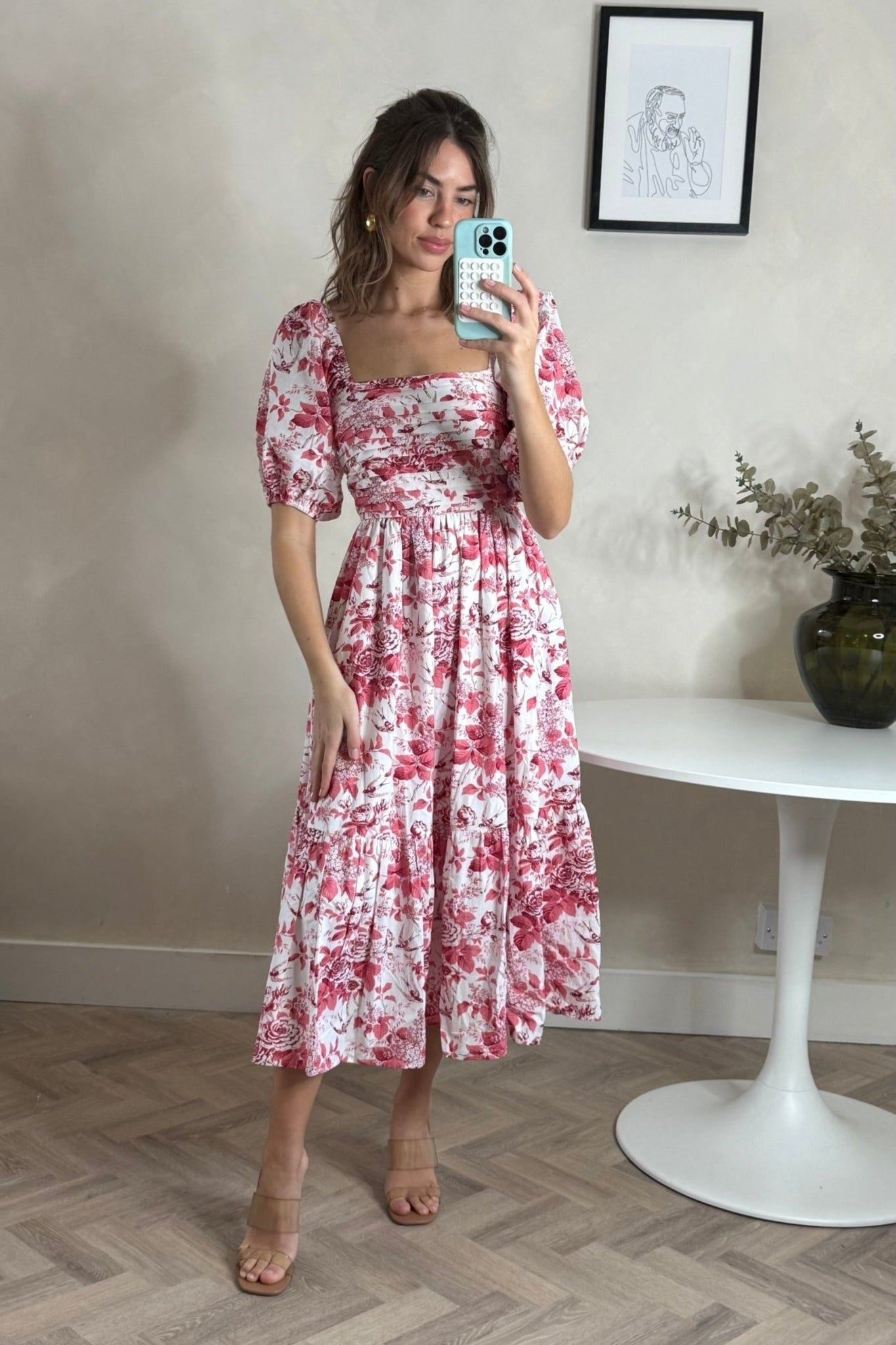 Leighton Puff Sleeve Midi Dress in Pink Floral
