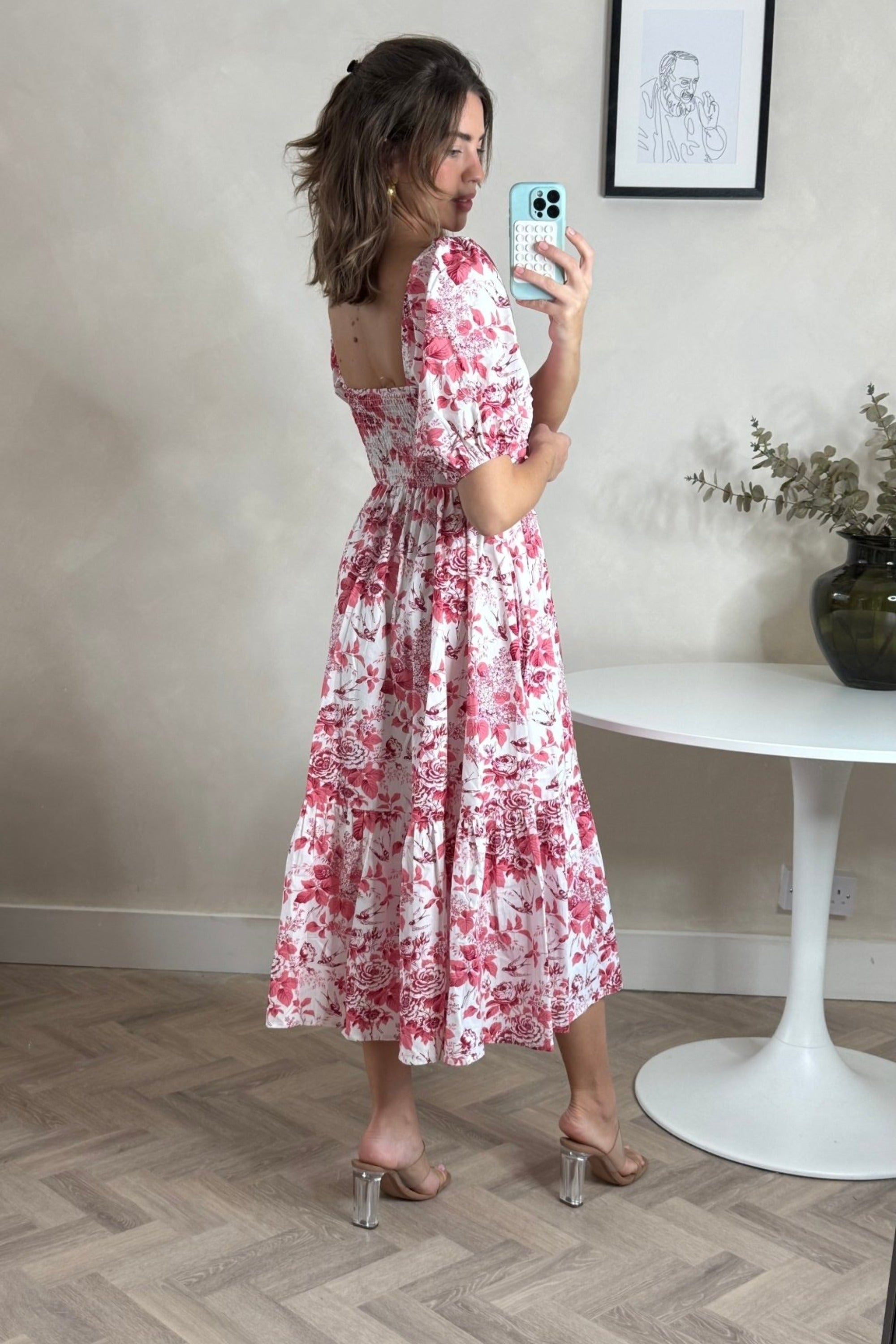Leighton Puff Sleeve Midi Dress in Pink Floral - Style Cheat