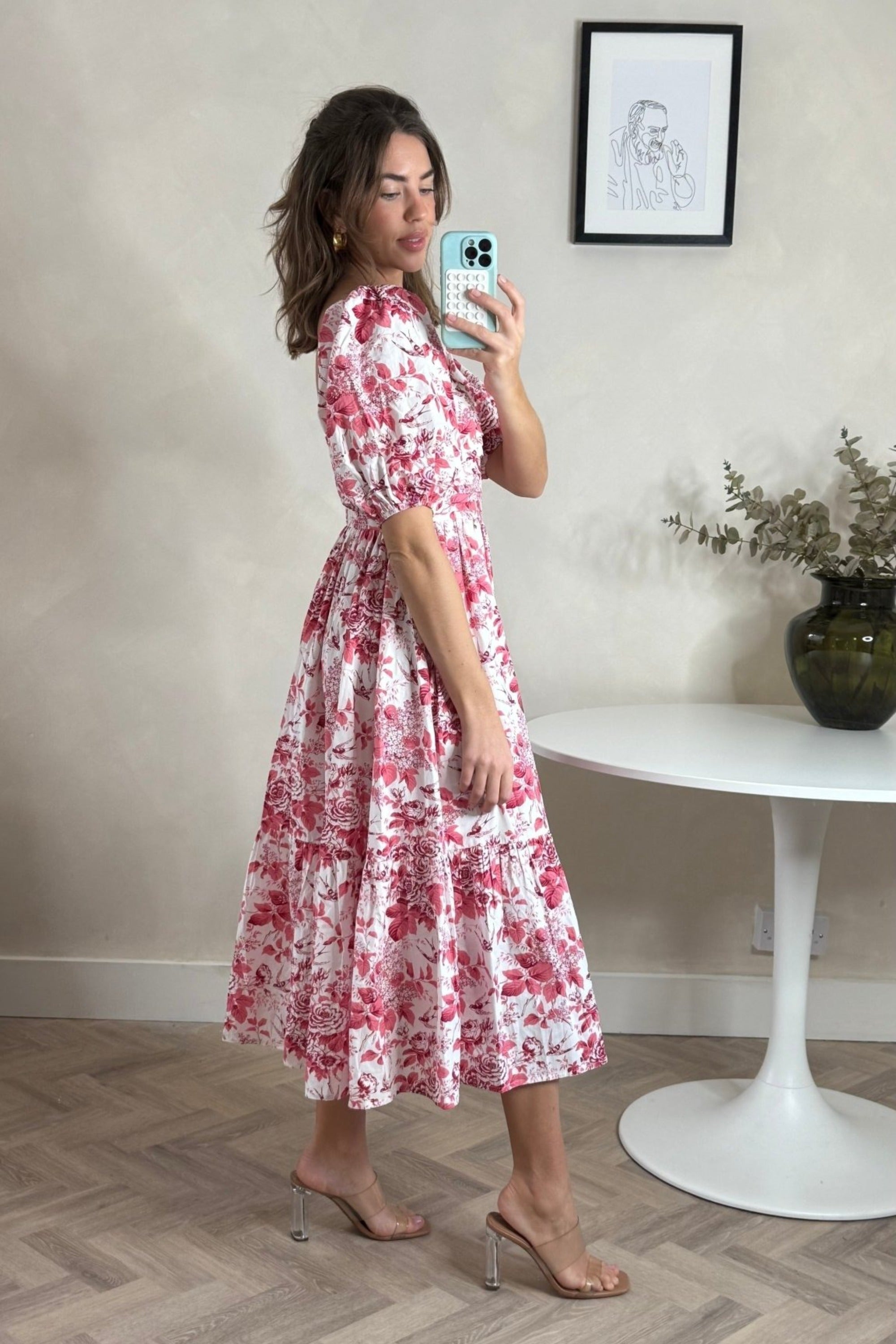 Leighton Puff Sleeve Midi Dress in Pink Floral - Style Cheat