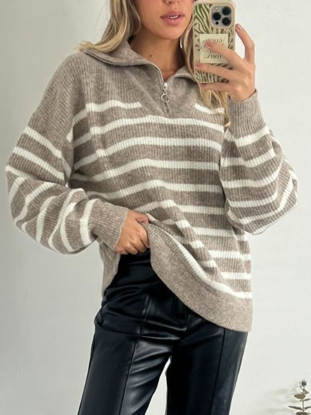 Kianna Stripe Quater Zip Knitted Jumper / Brown