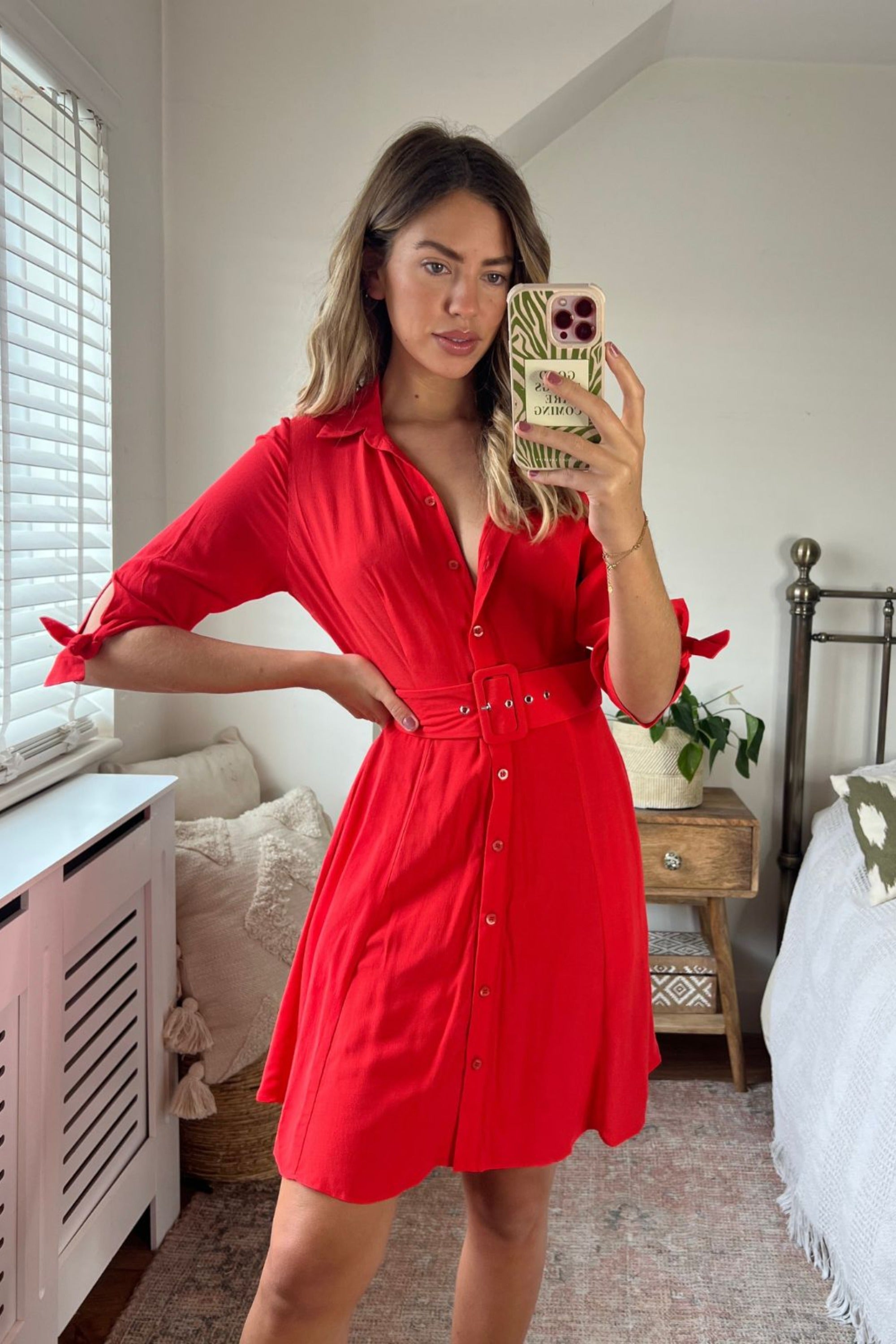 Olivia Mini Belted Shirt Dress / Red - Style Cheat