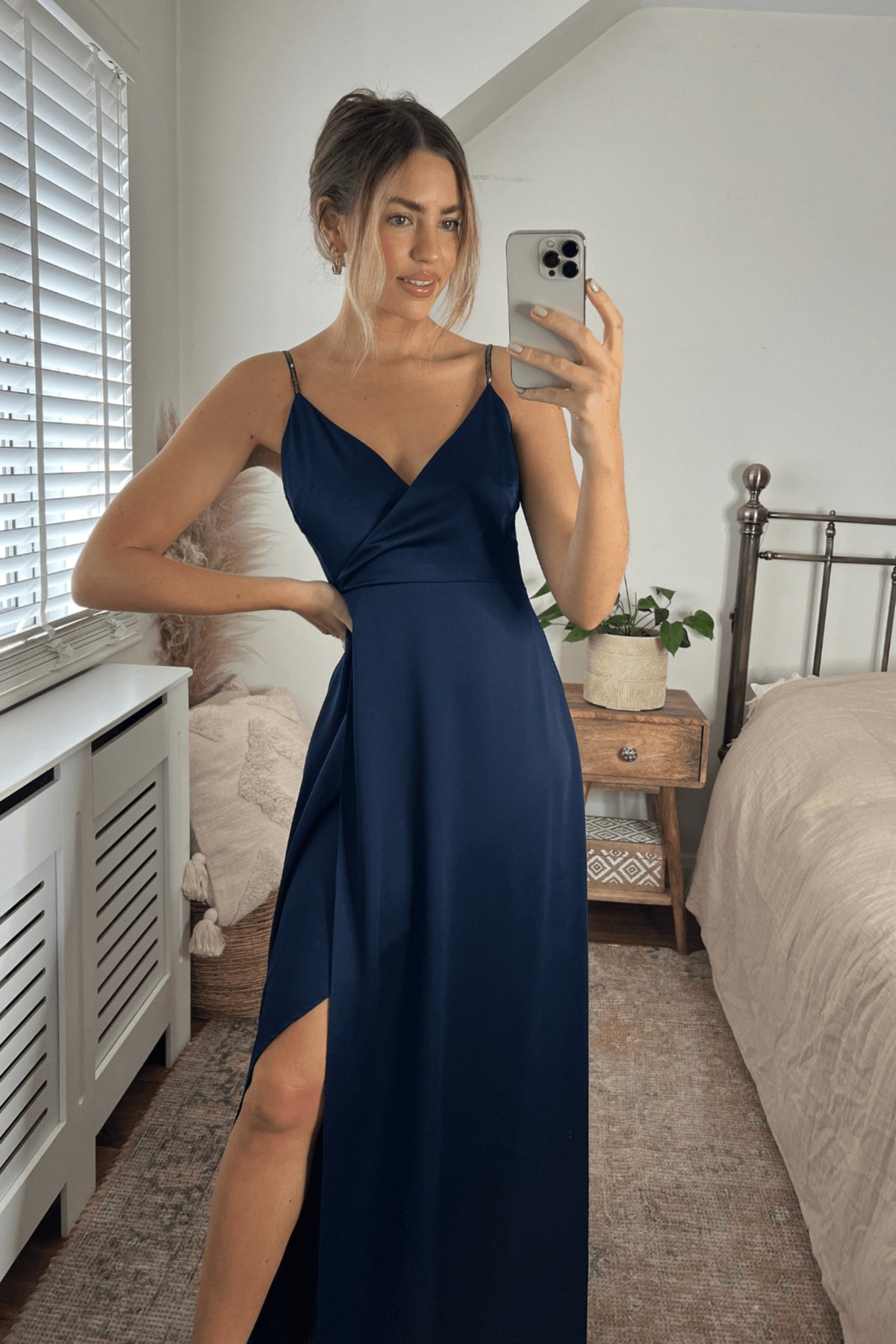 Diamante Strap Maxi Satin Dress / Navy