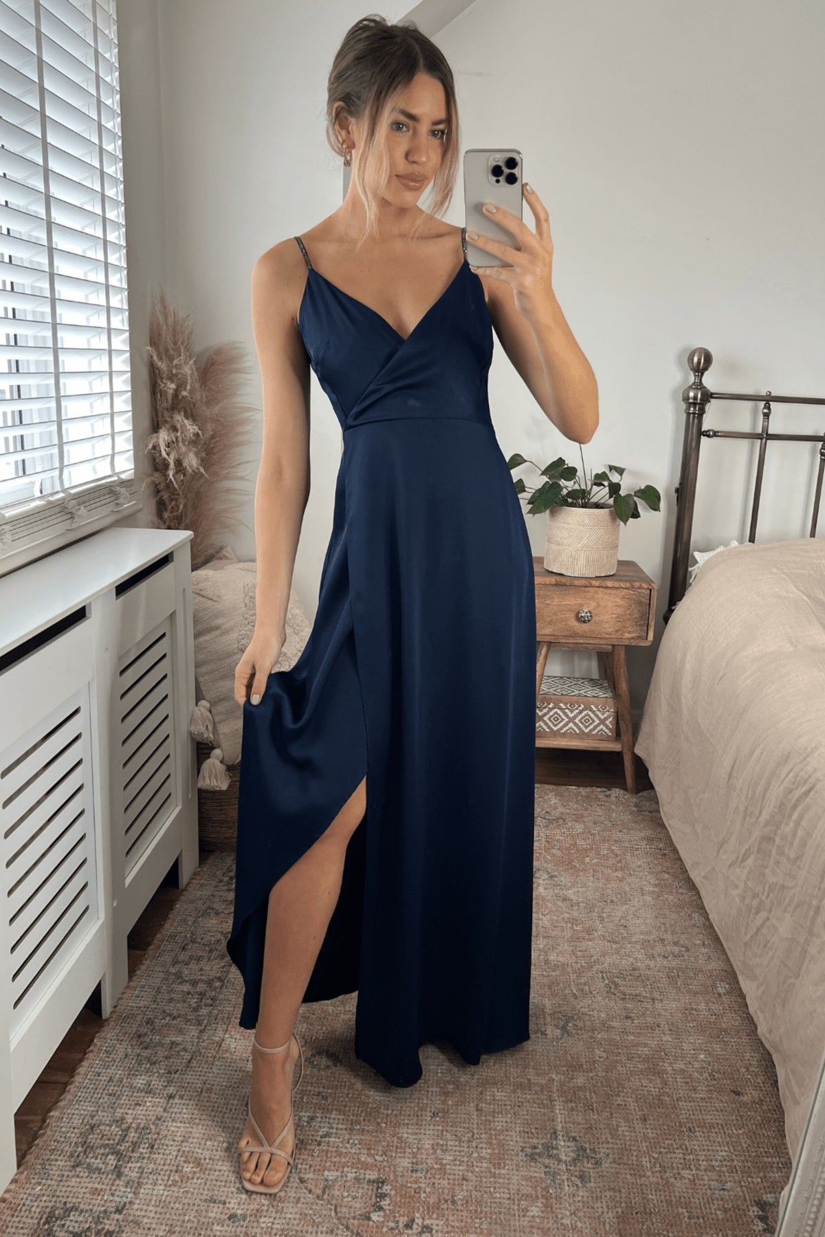 Diamante Strap Maxi Satin Dress / Navy