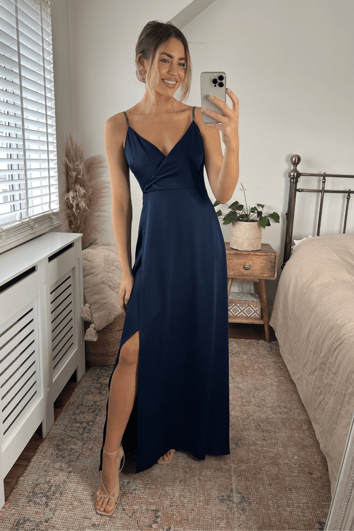 Diamante Strap Maxi Satin Dress / Navy