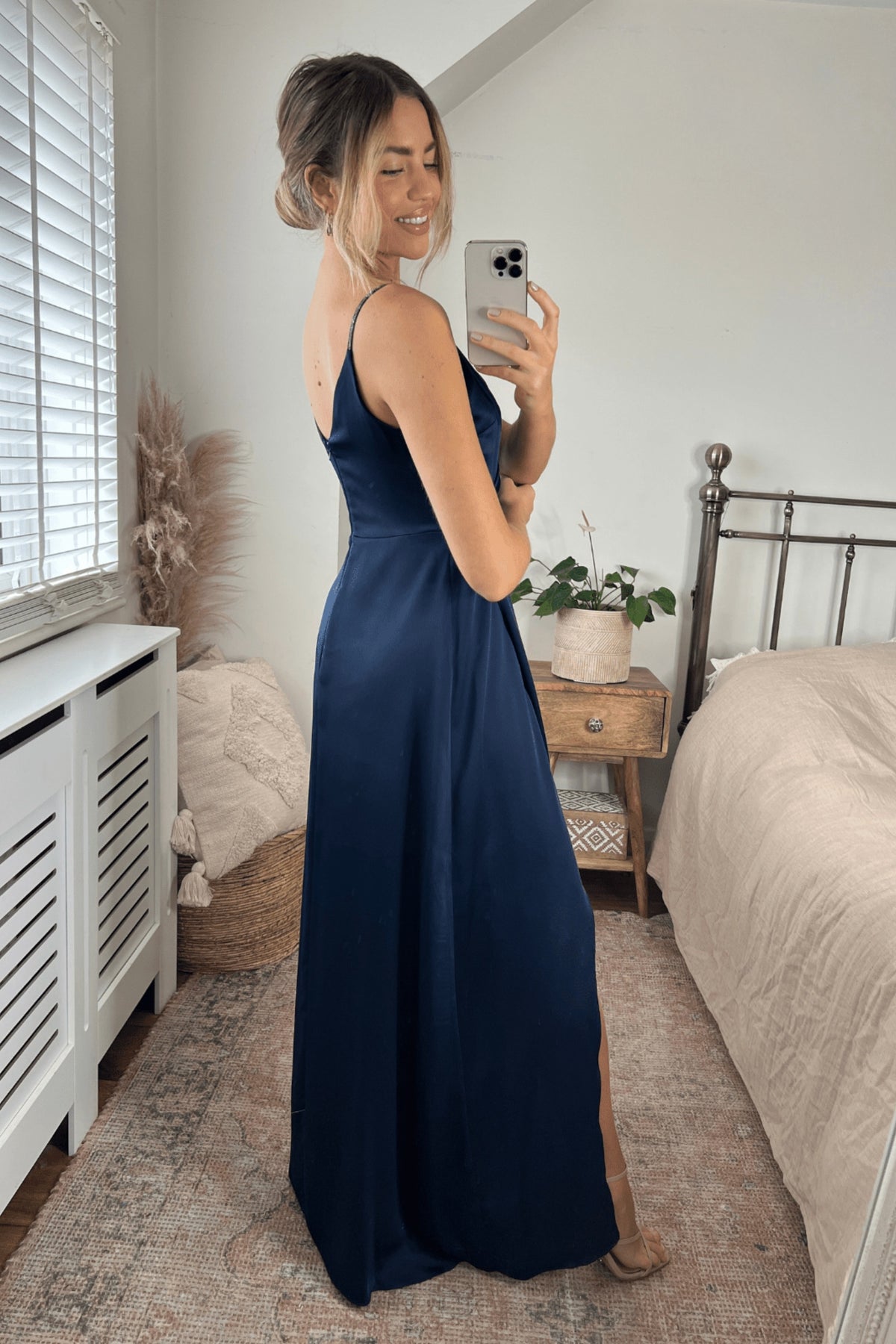 Diamante Strap Maxi Satin Dress / Navy