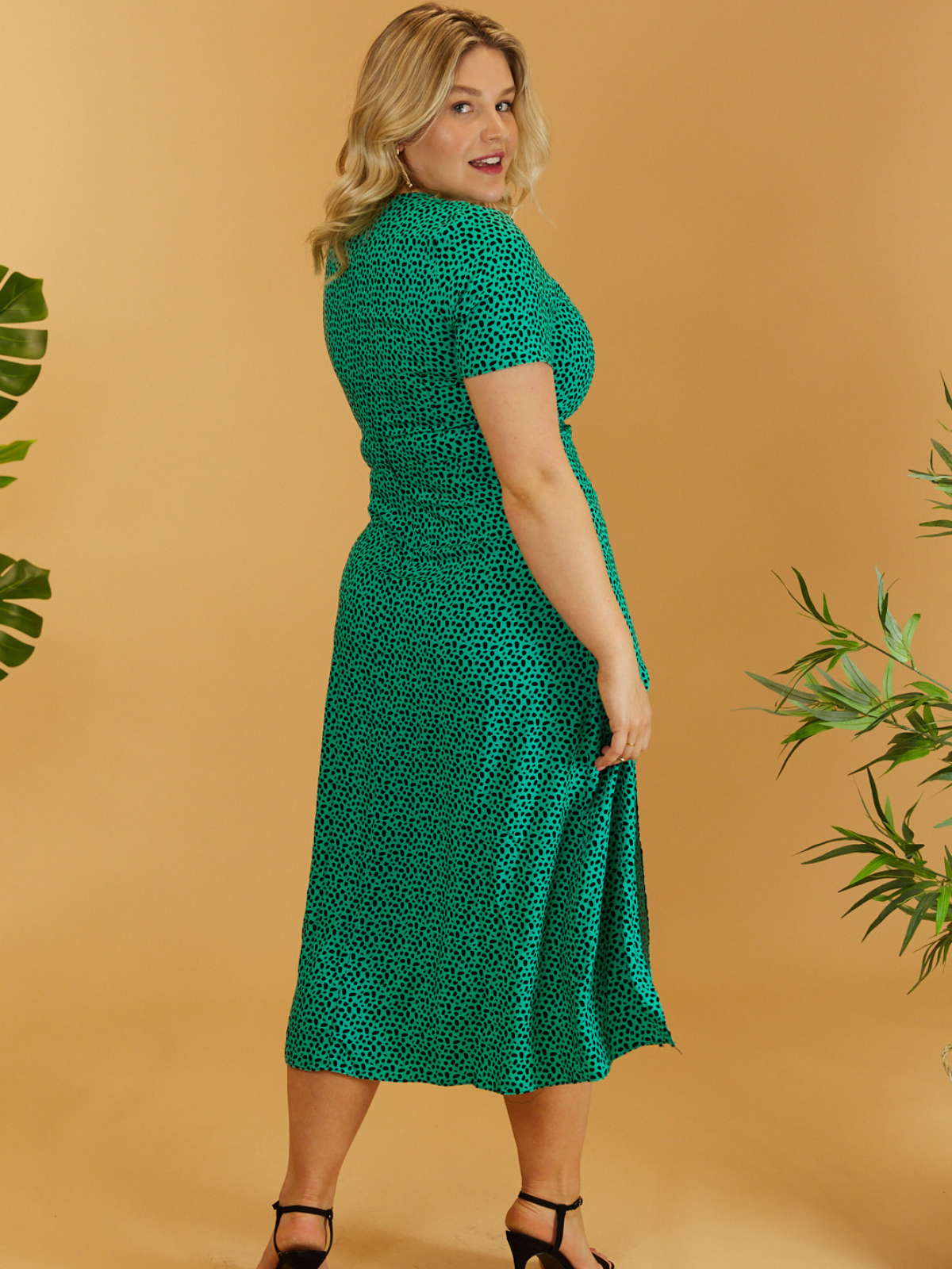 Winnie V Neck Midi Dress /  Green Animal Print