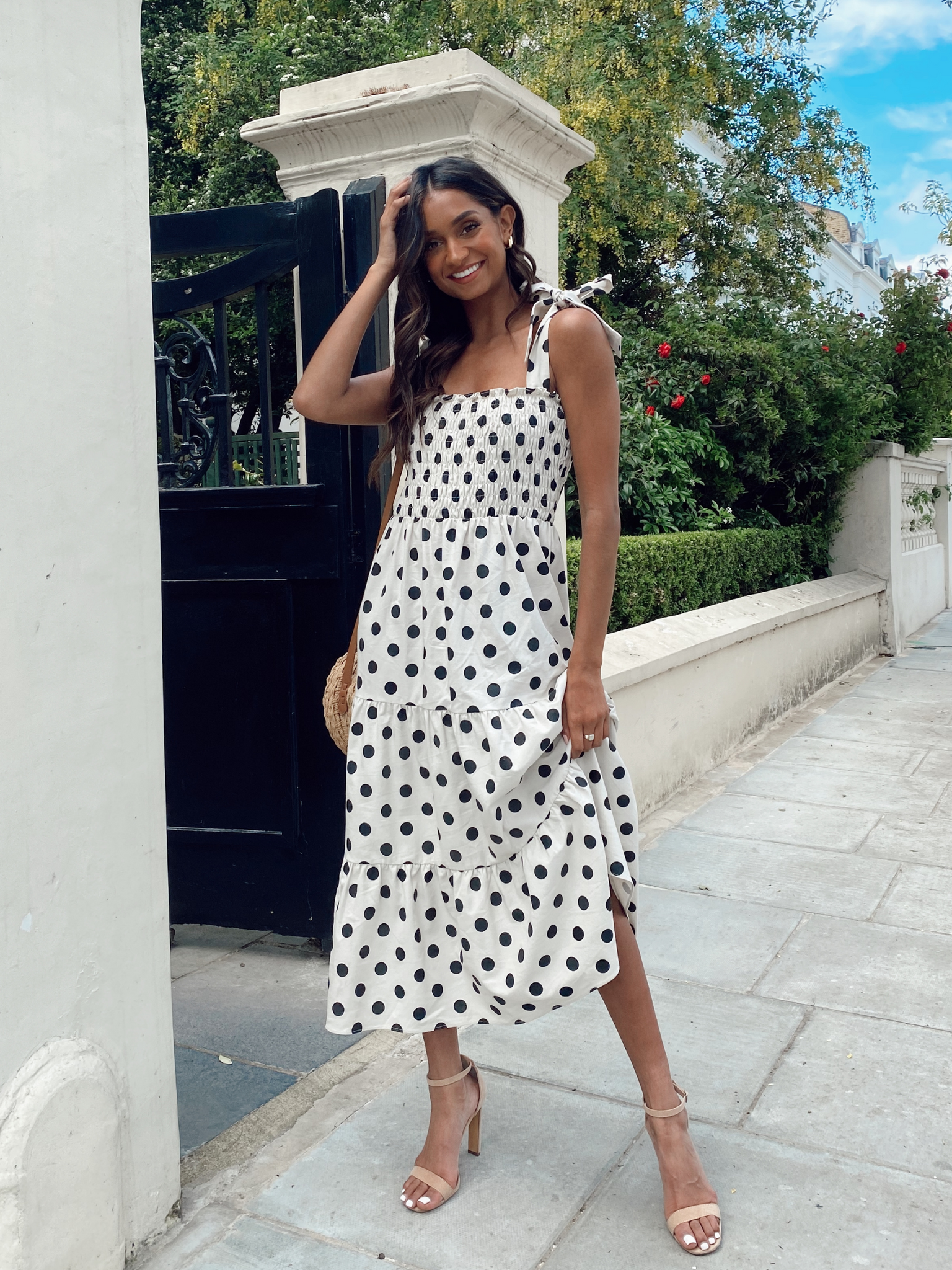 Spot Print Cotton Midi Dress Alexia Stone And Black Spot Shirred
