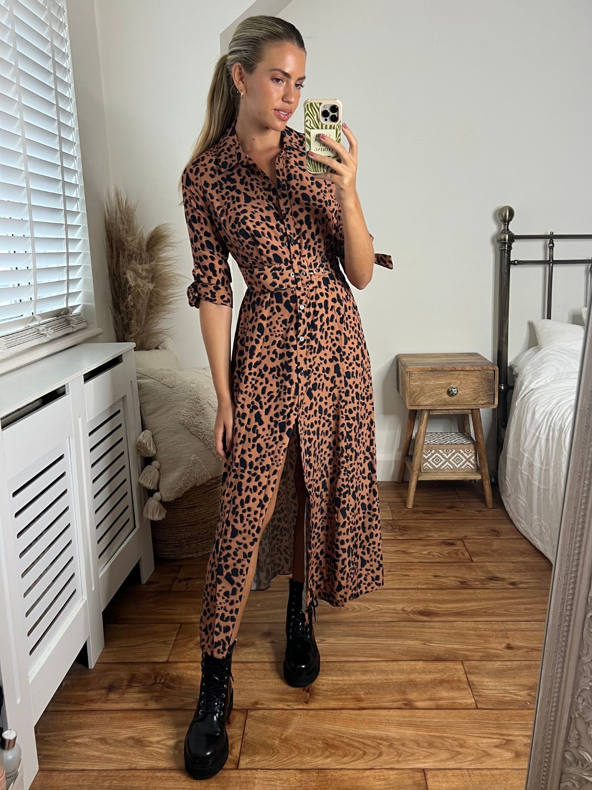 Daphne Belted Shirt Dress / Brown and Black Animal Print