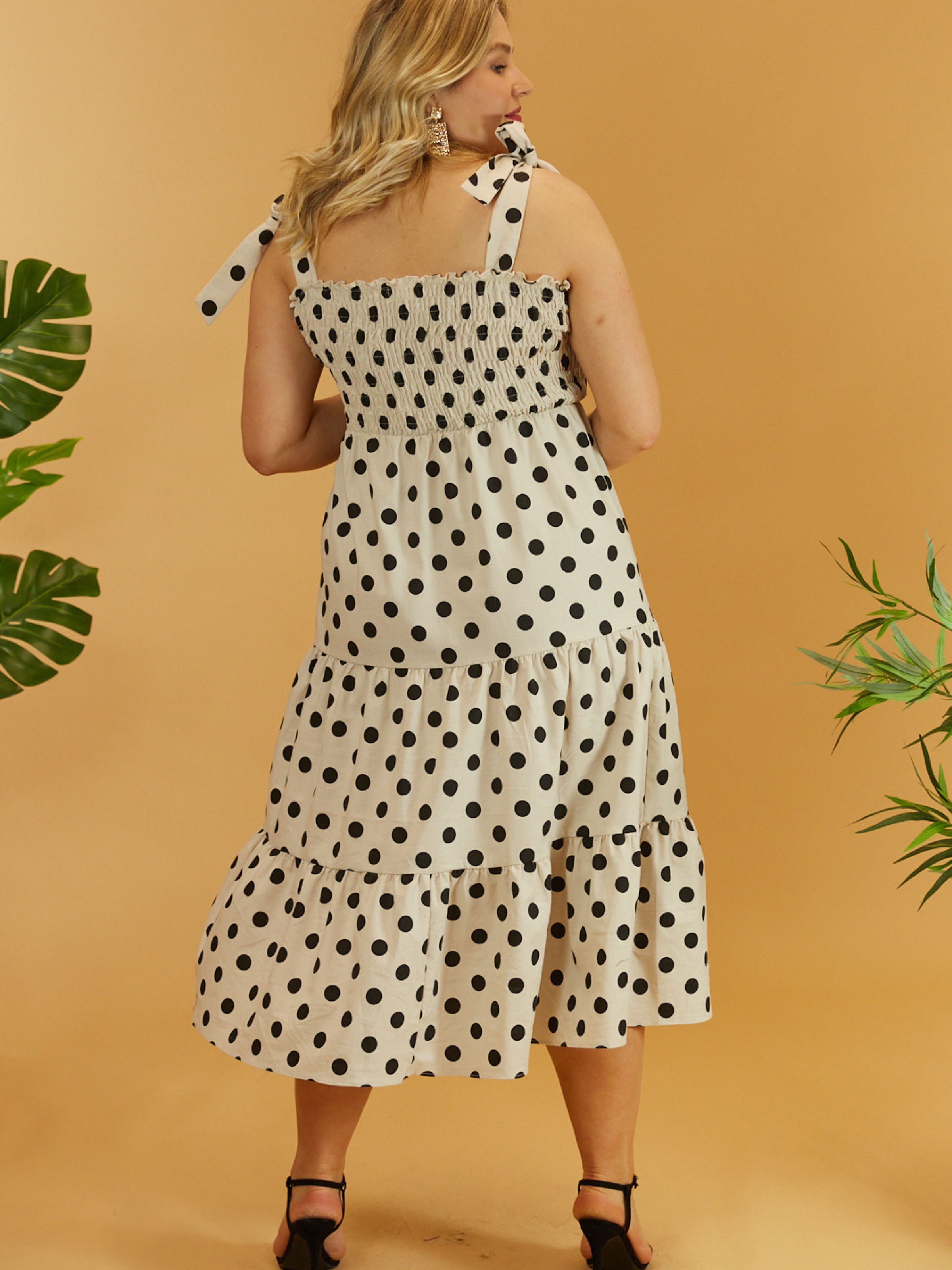 Alexia Shirred Tie Strap Midi Dress Stone And Black Spot