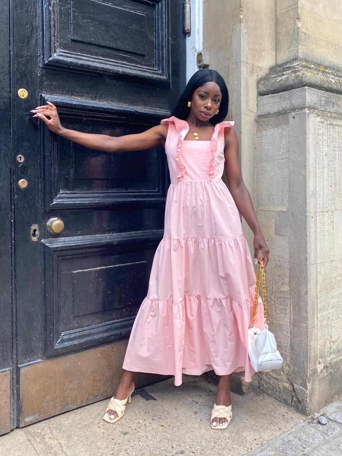 Pink layered ruffle dress best sale
