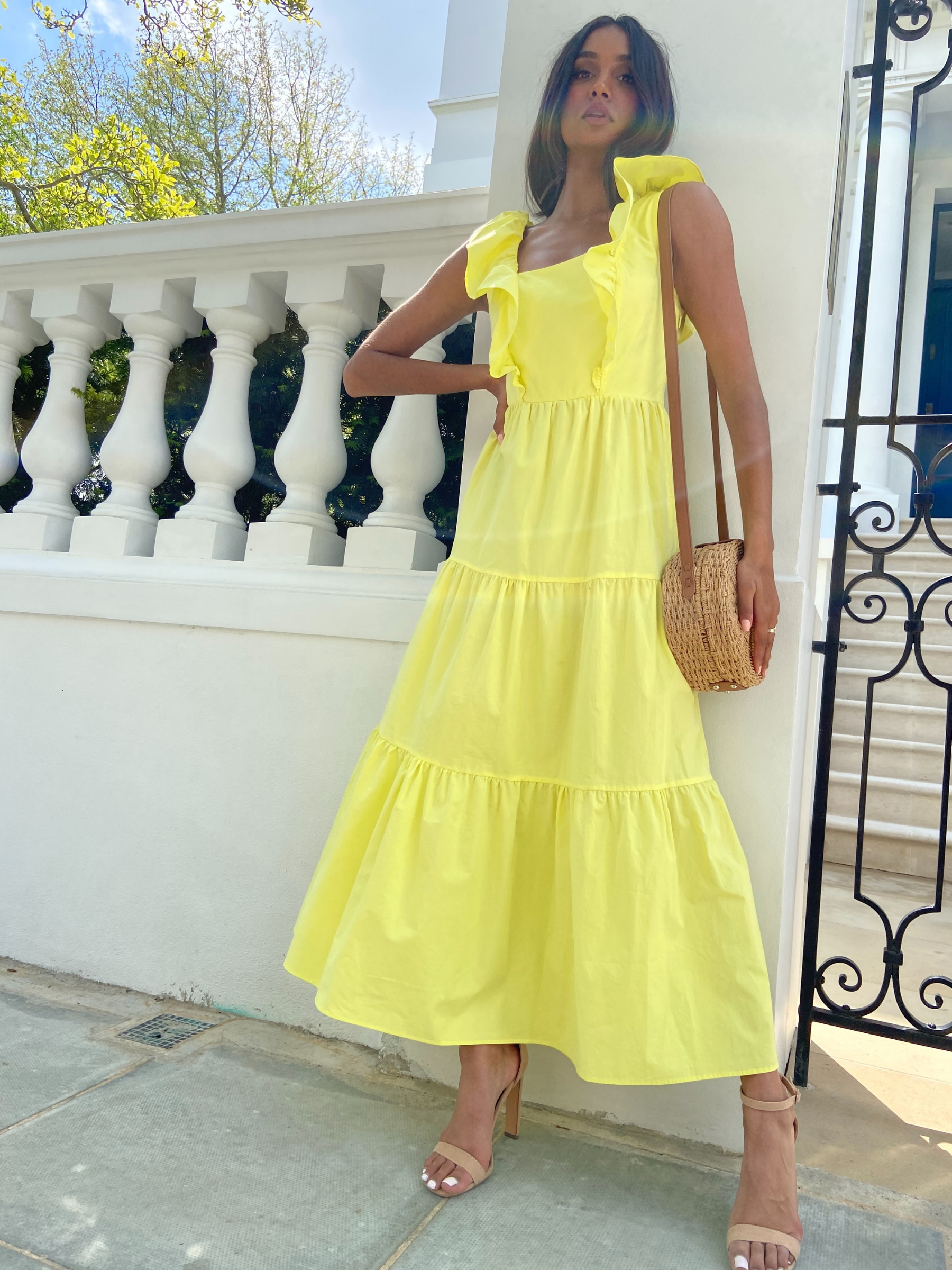 Mollie Cotton Ruffle Tiered Midi Dress /  Yellow