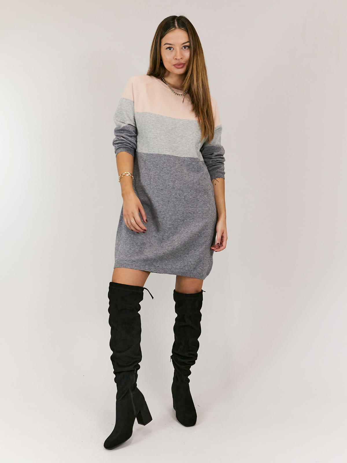 Jolie Pink Colour Block Long Sleeve Knitted Jumper Dress
