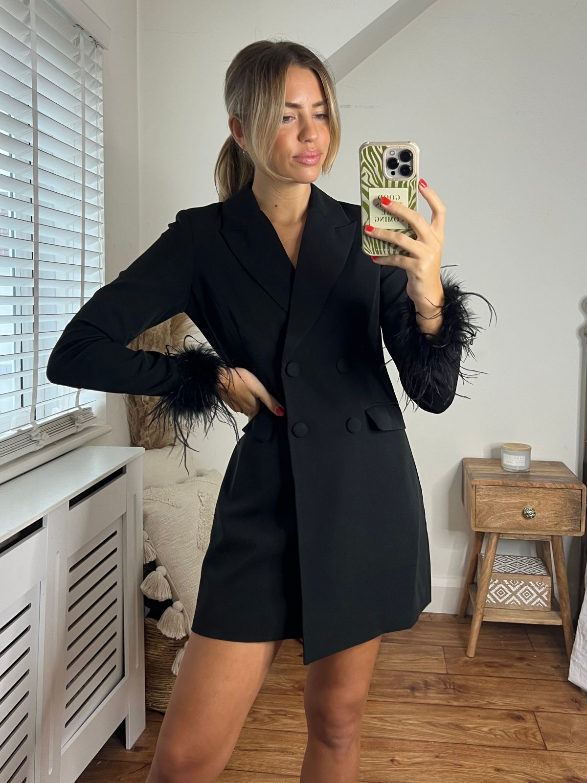 Alicia Feather Cuff Blazer Dress in Black