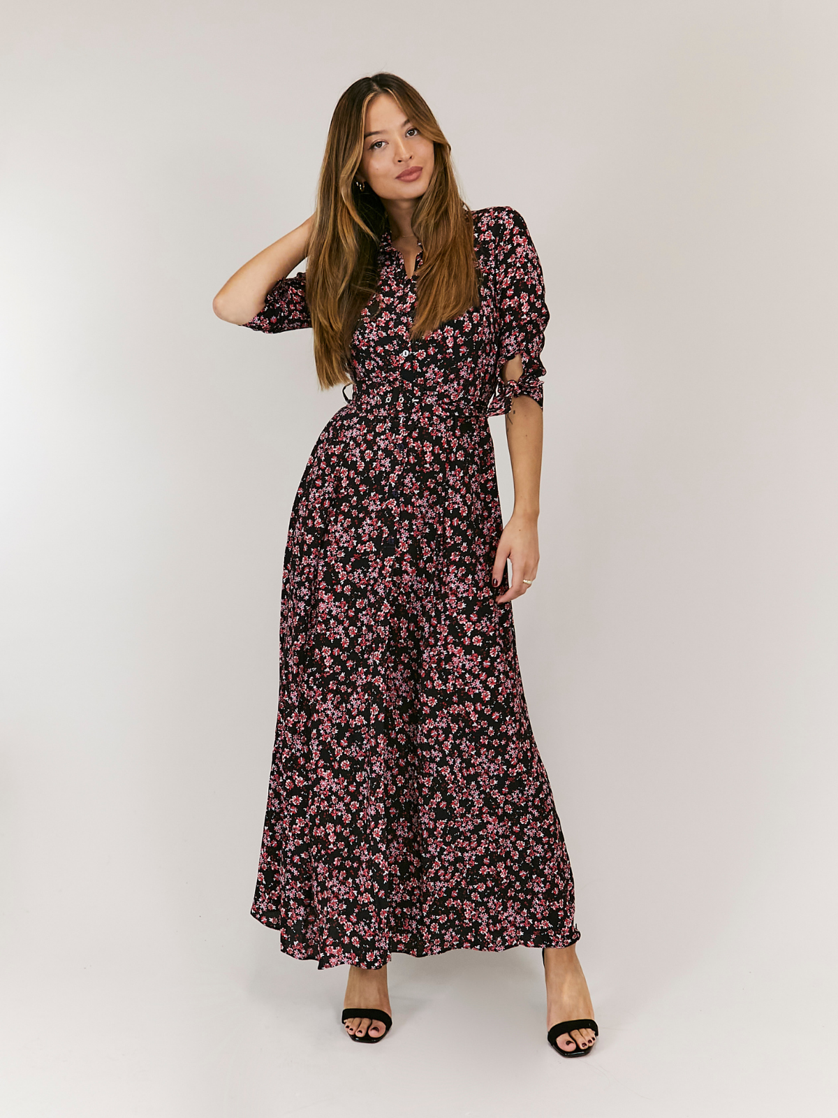 Daphne Belted Shirt Dress / Dark Floral Print