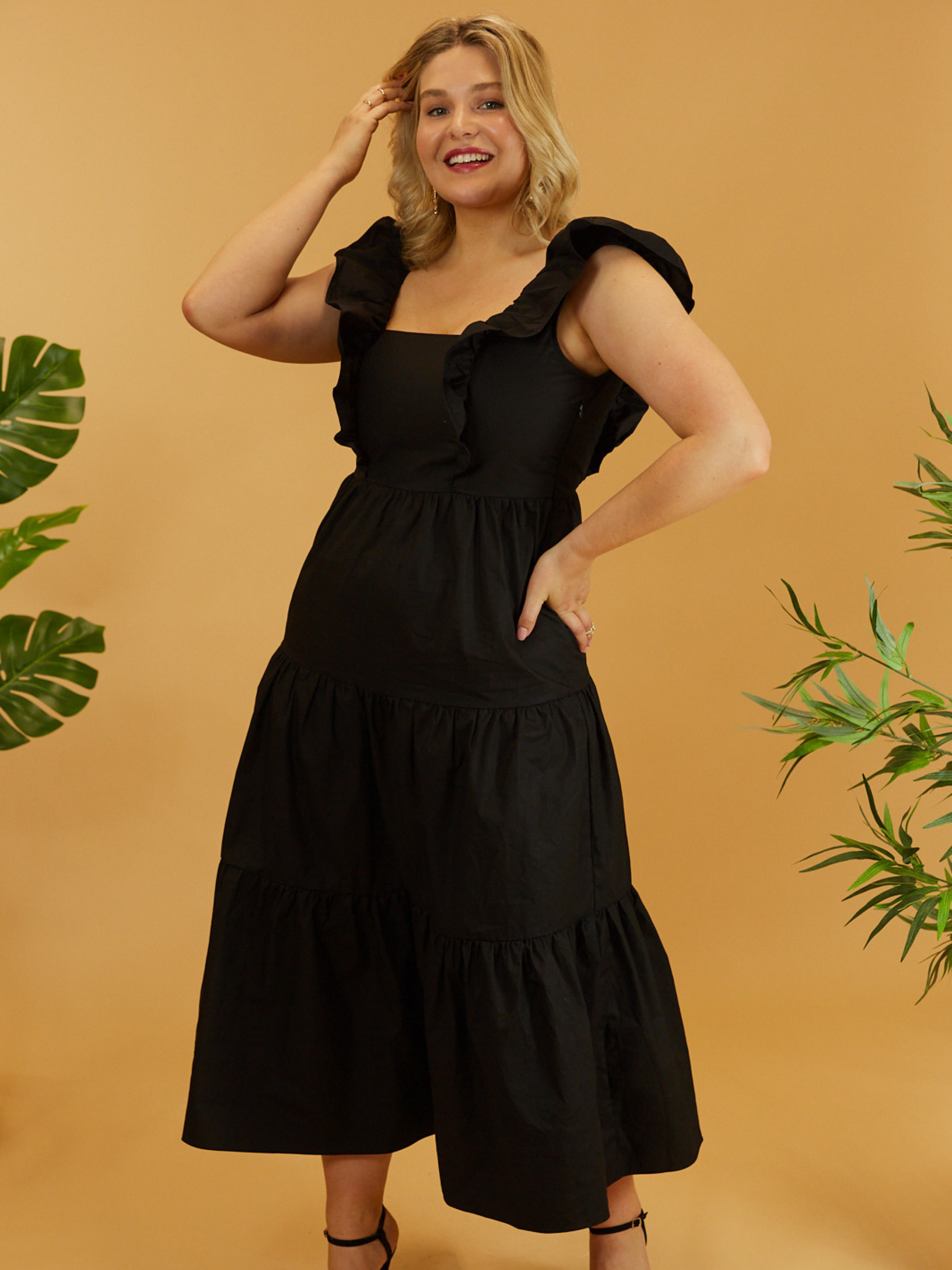 Mollie Cotton Ruffle Tiered Midi Dress /  Black