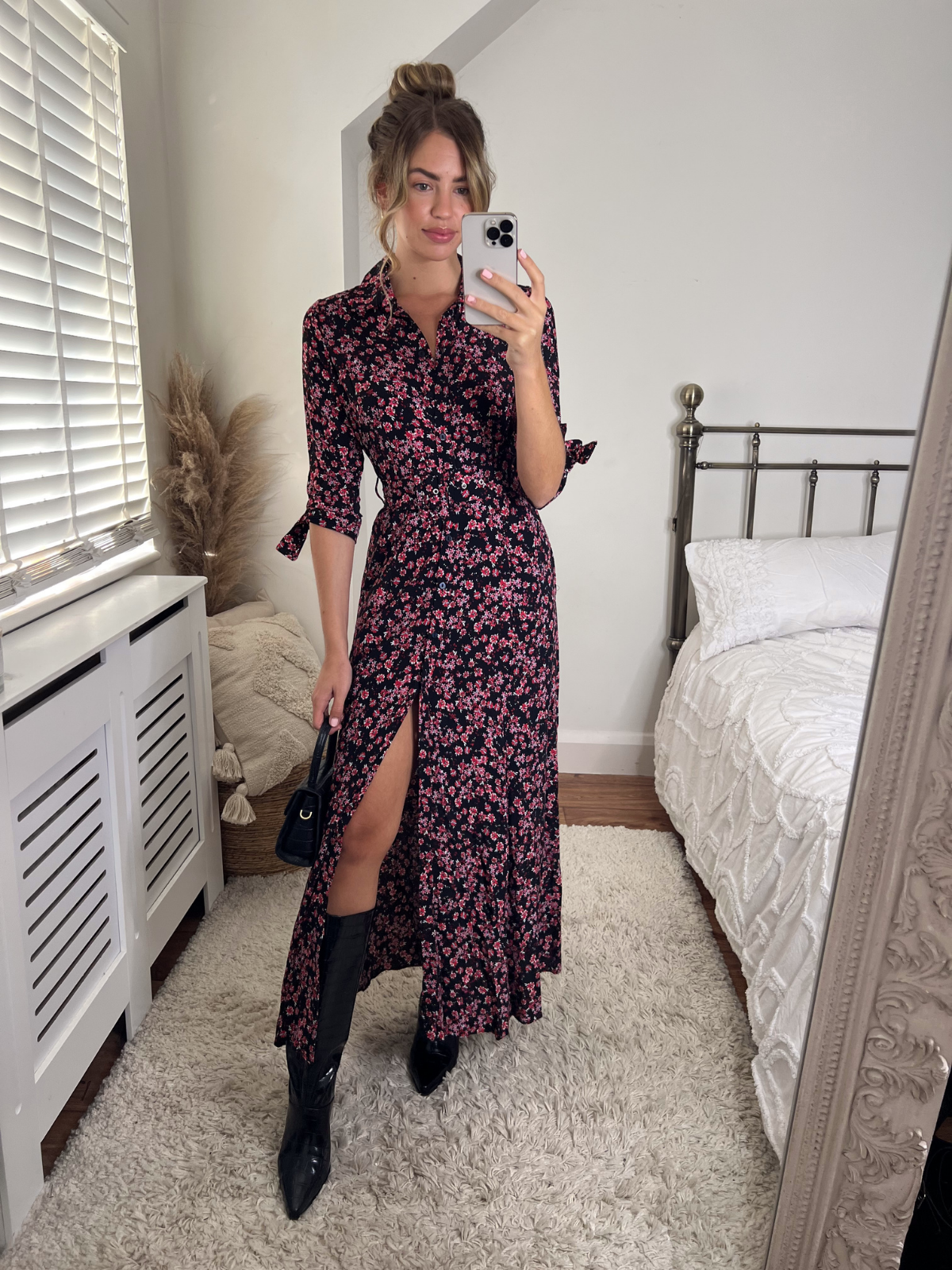 Daphne Belted Shirt Dress / Dark Floral Print