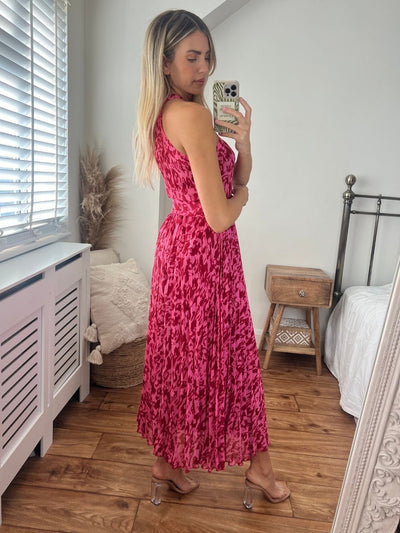 Pink Animal Print Dress | Paige Halter Pleated Belted Dress – Style Cheat