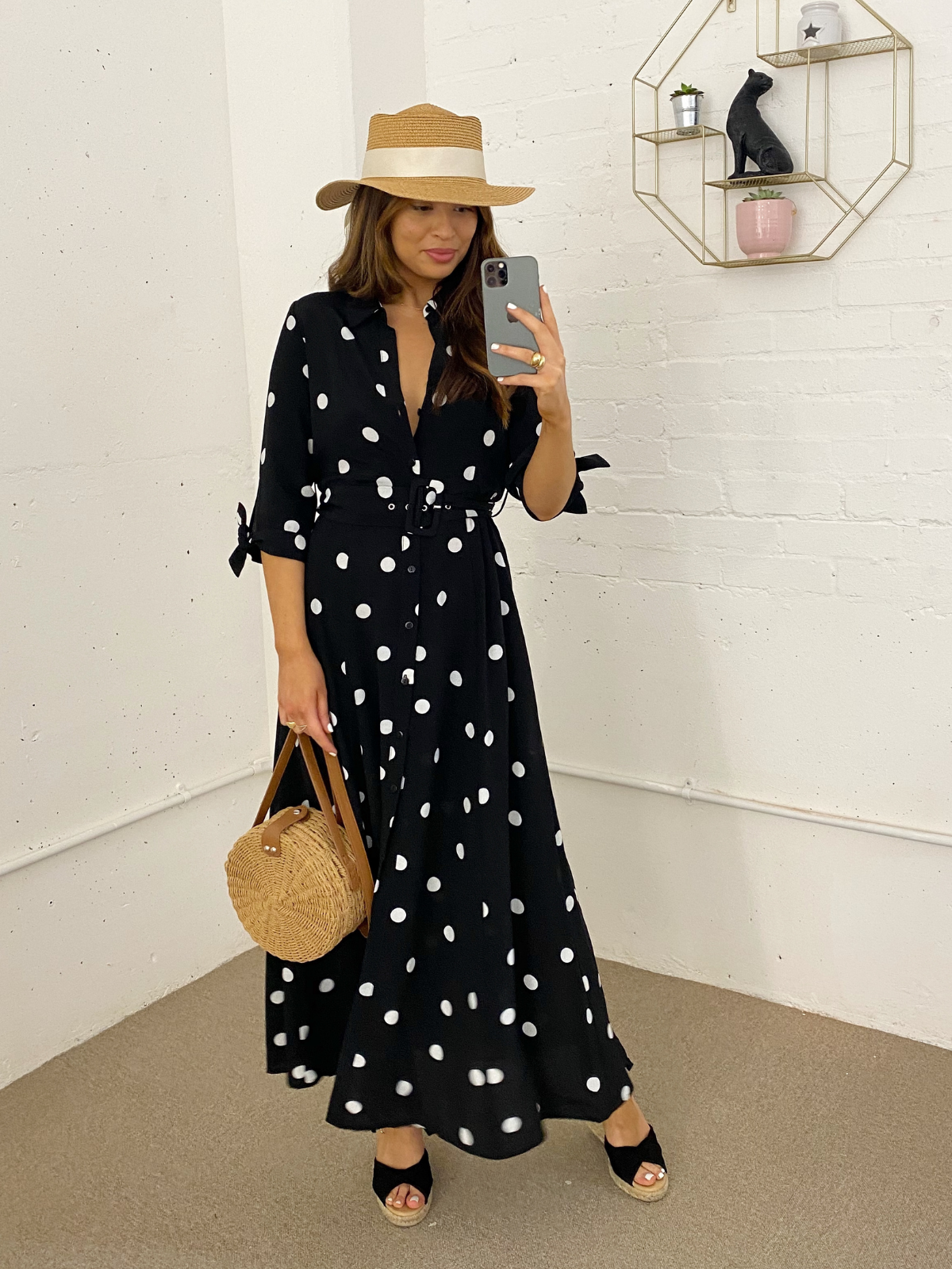 Daphne Belted Shirt Dress / Mono Spot Print