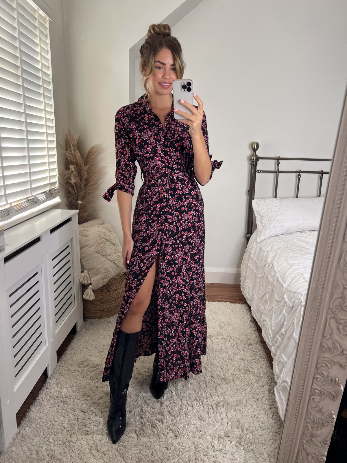 Daphne Belted Shirt Dress / Dark Floral Print