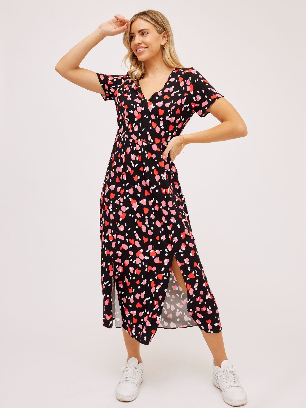 Heart Print Midi Dress | Winnie V Neck Midi Dress – Style Cheat