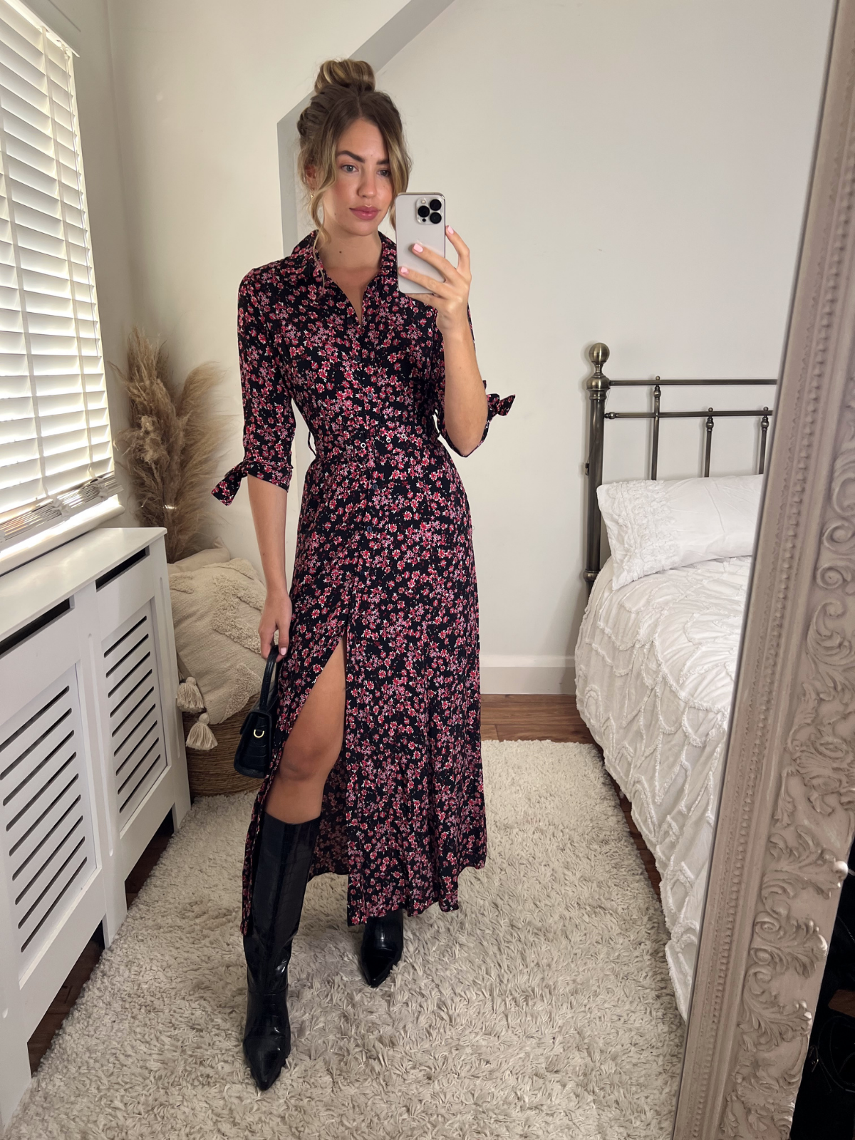 Daphne Belted Shirt Dress / Dark Floral Print