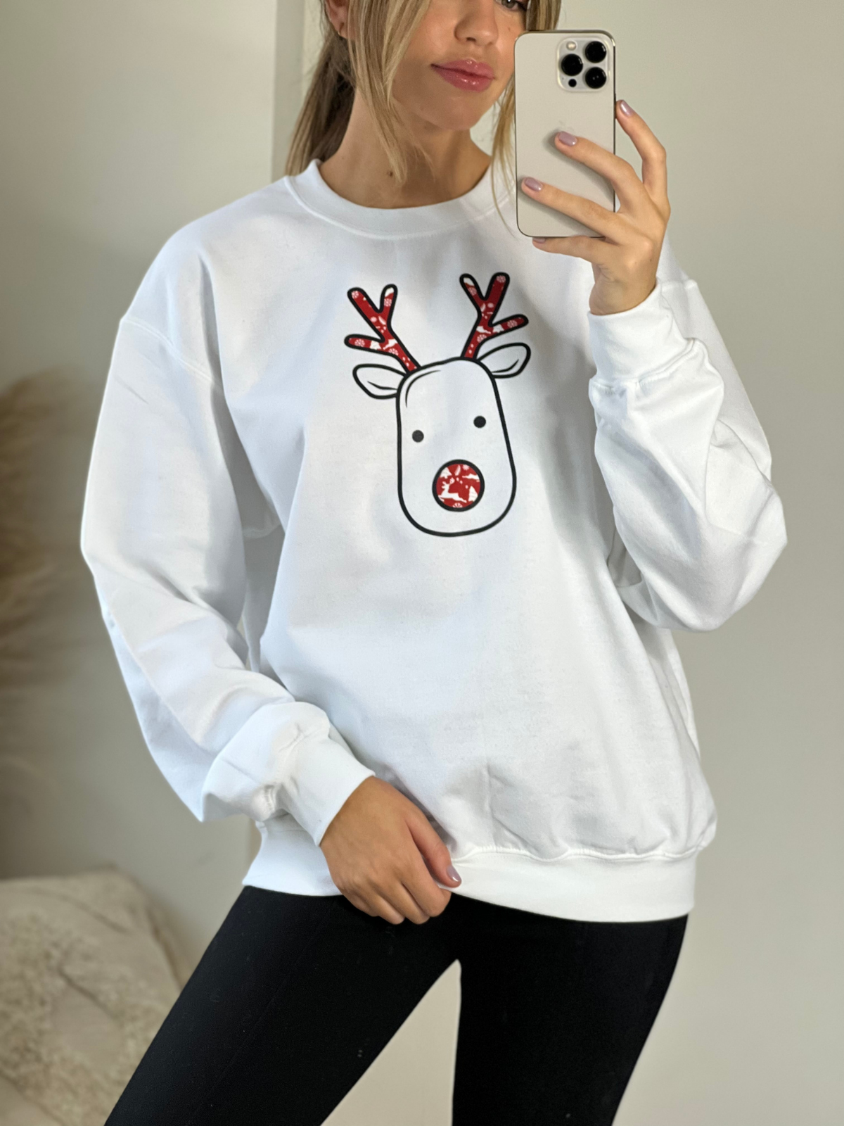 Christmas White Reindeer Print Crew Neck Sweater