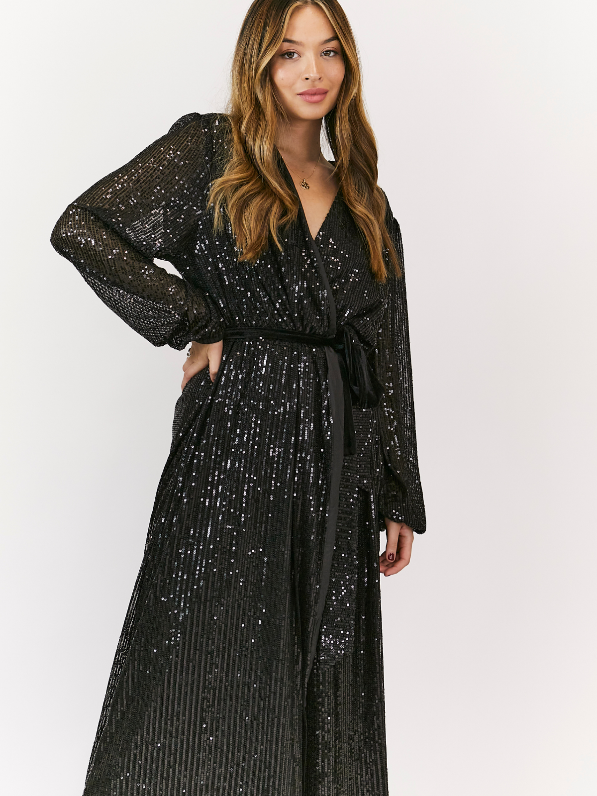 Black Sequin Wrap Maxi Dress | Ria Dress in Black