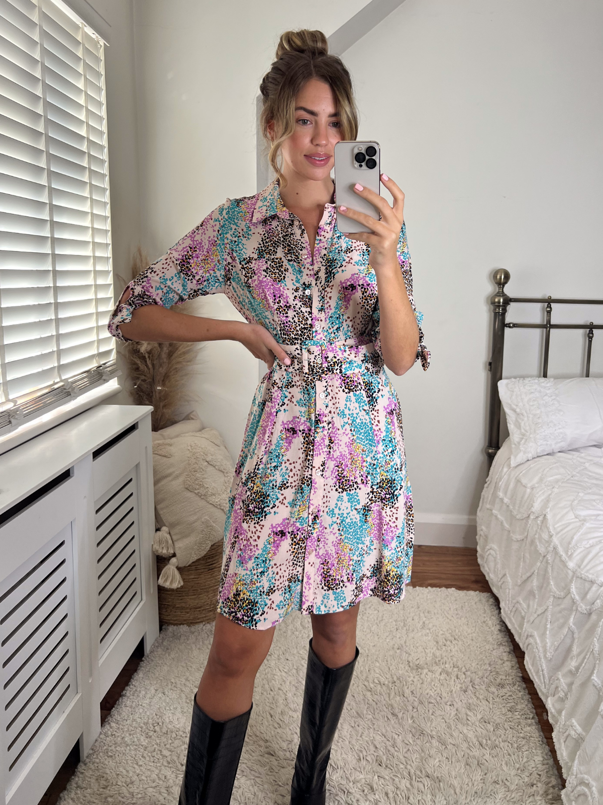 Olivia Mini Belted Shirt Dress / Multi Leopard Print