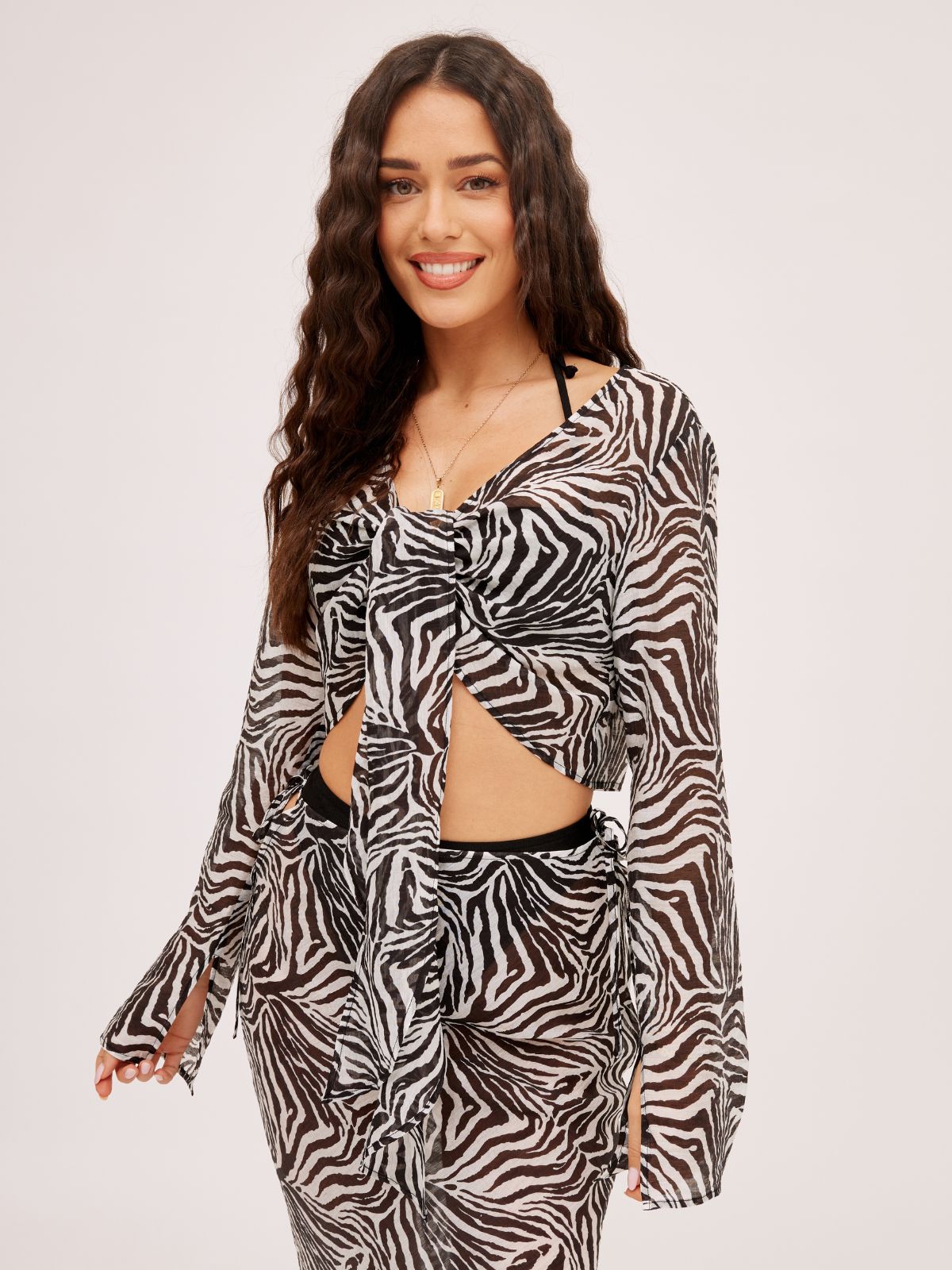 Miley Tie Front Sheer Beach Top / Zebra