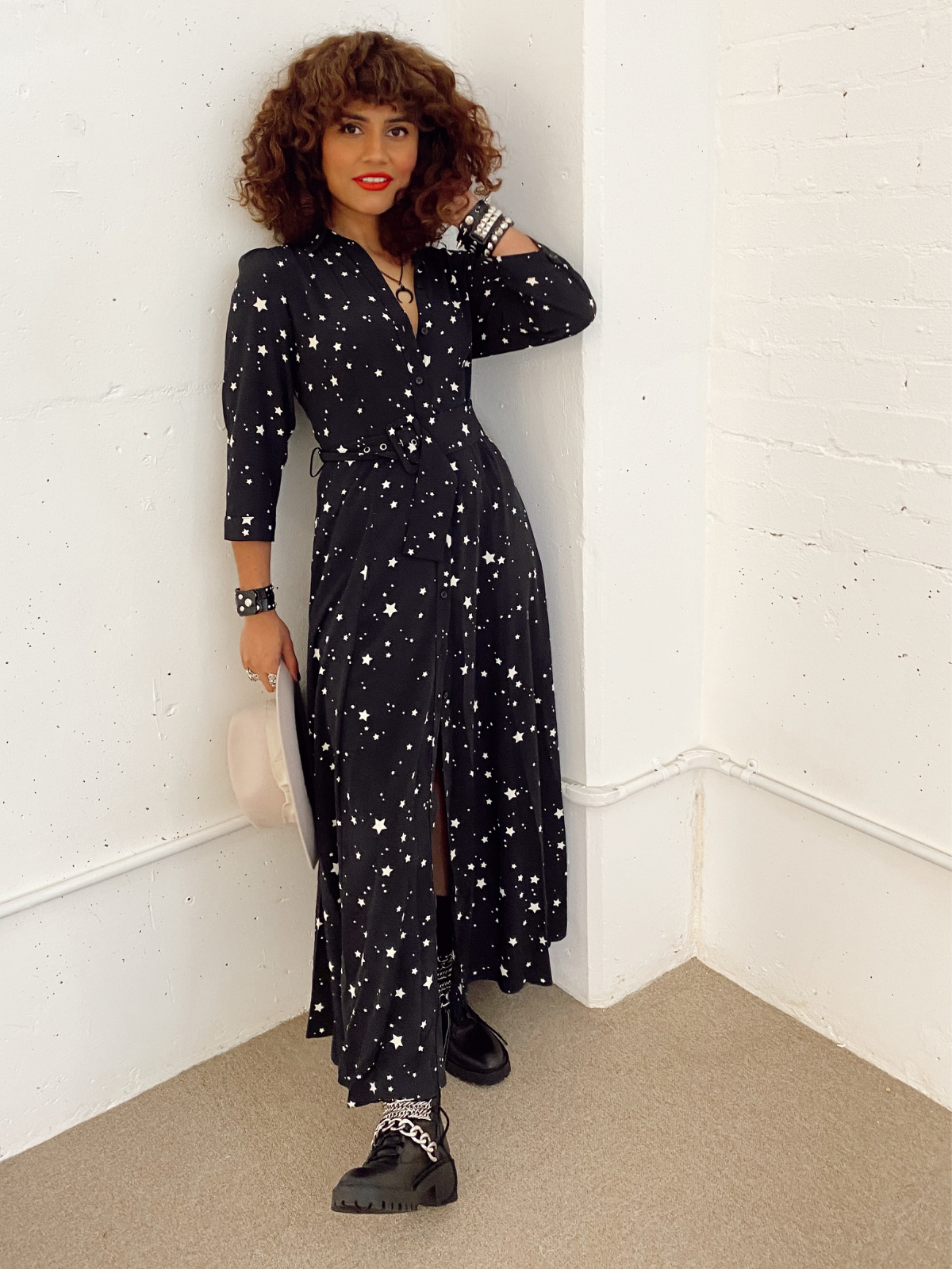 Daphne Belted Shirt Dress Black and White Star Print