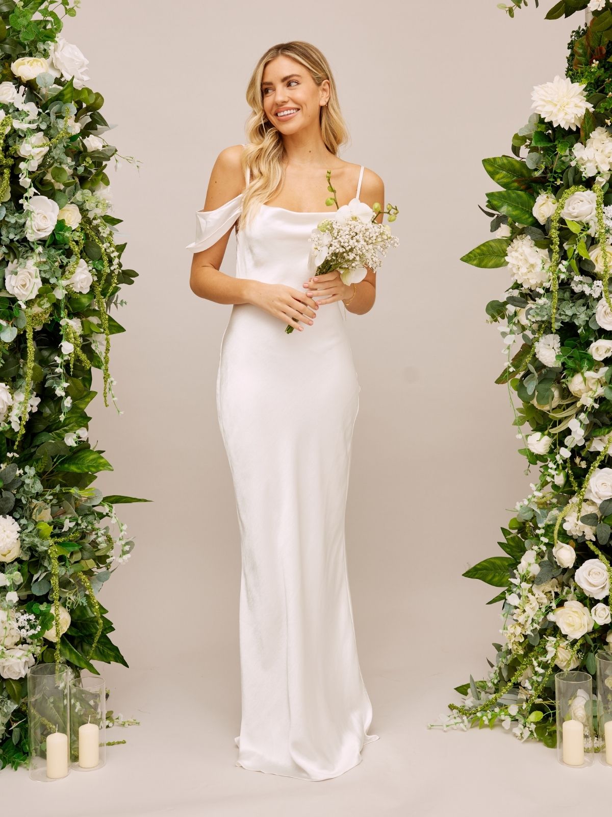 Cold Shoulder Satin Bridal Maxi Dress / White