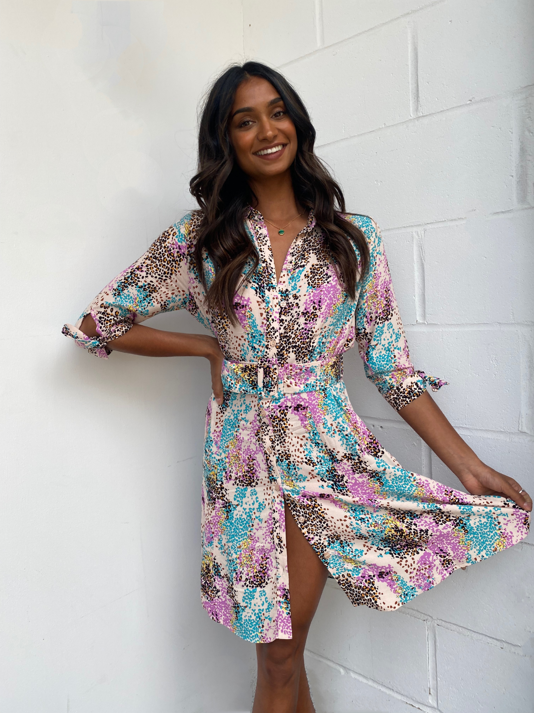 Long sleeve leopard clearance print shirt dress