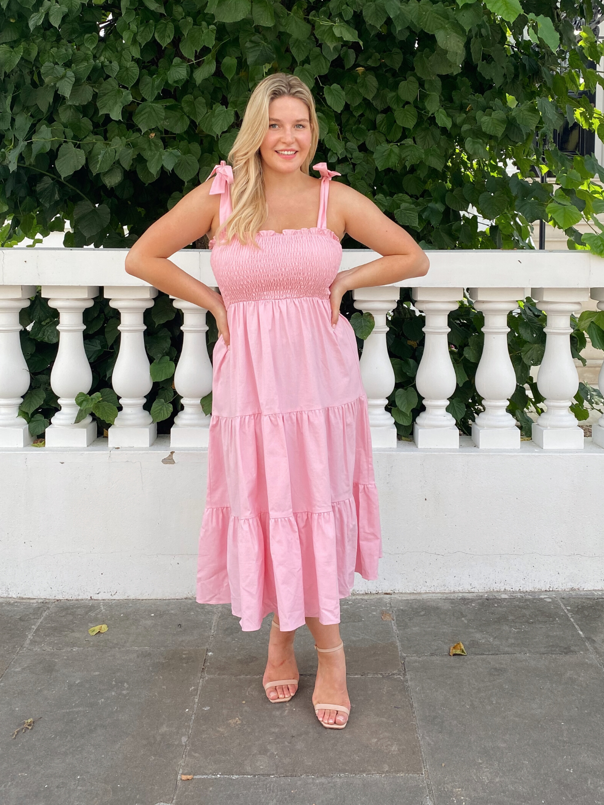 Alexia Shirred Tie Strap Midi Dress / Pink