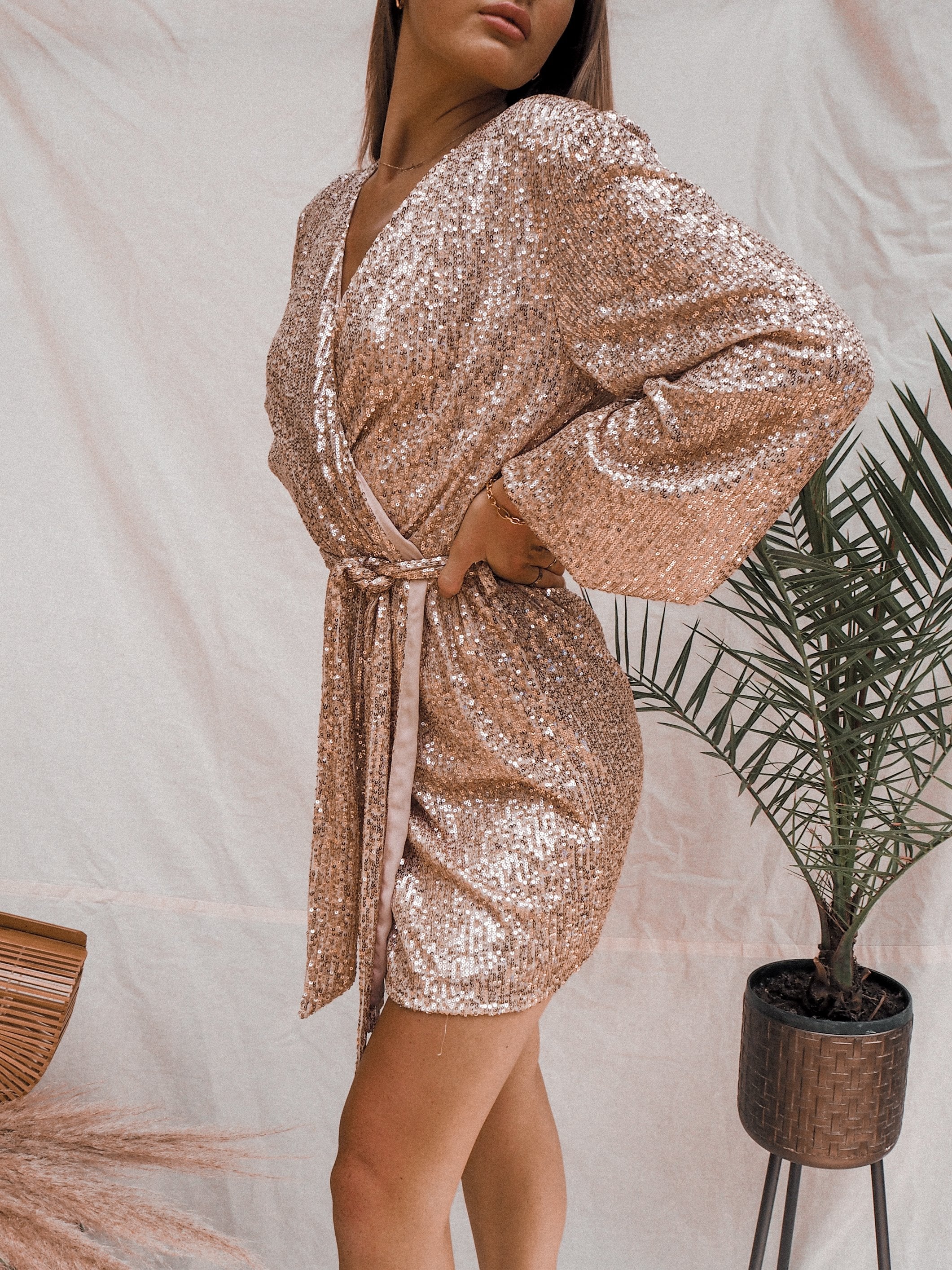 Dani Sequin Wrap Dress / Rose Gold – Style Cheat