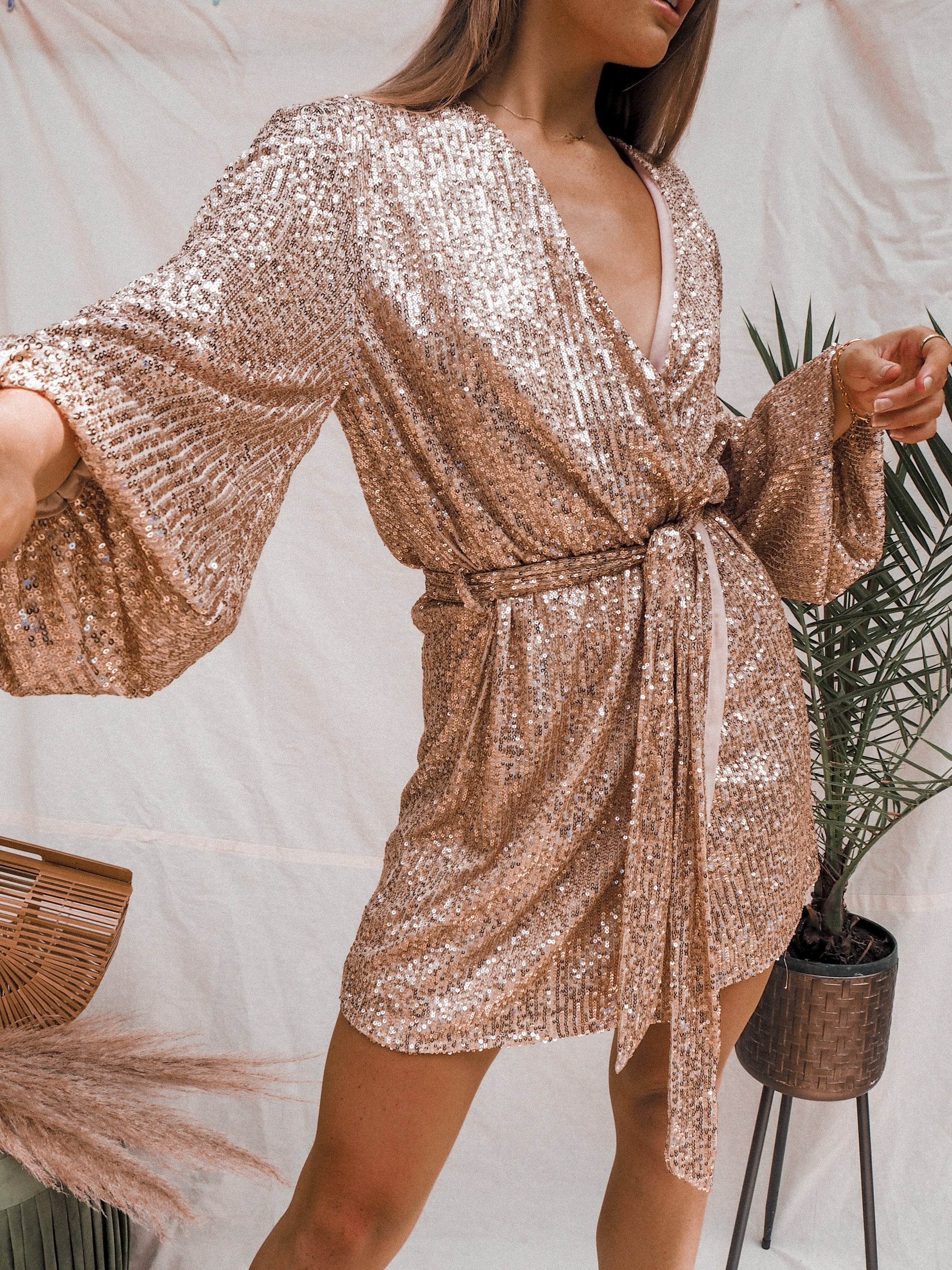 Dani Sequin Wrap Dress / Rose Gold – Style Cheat