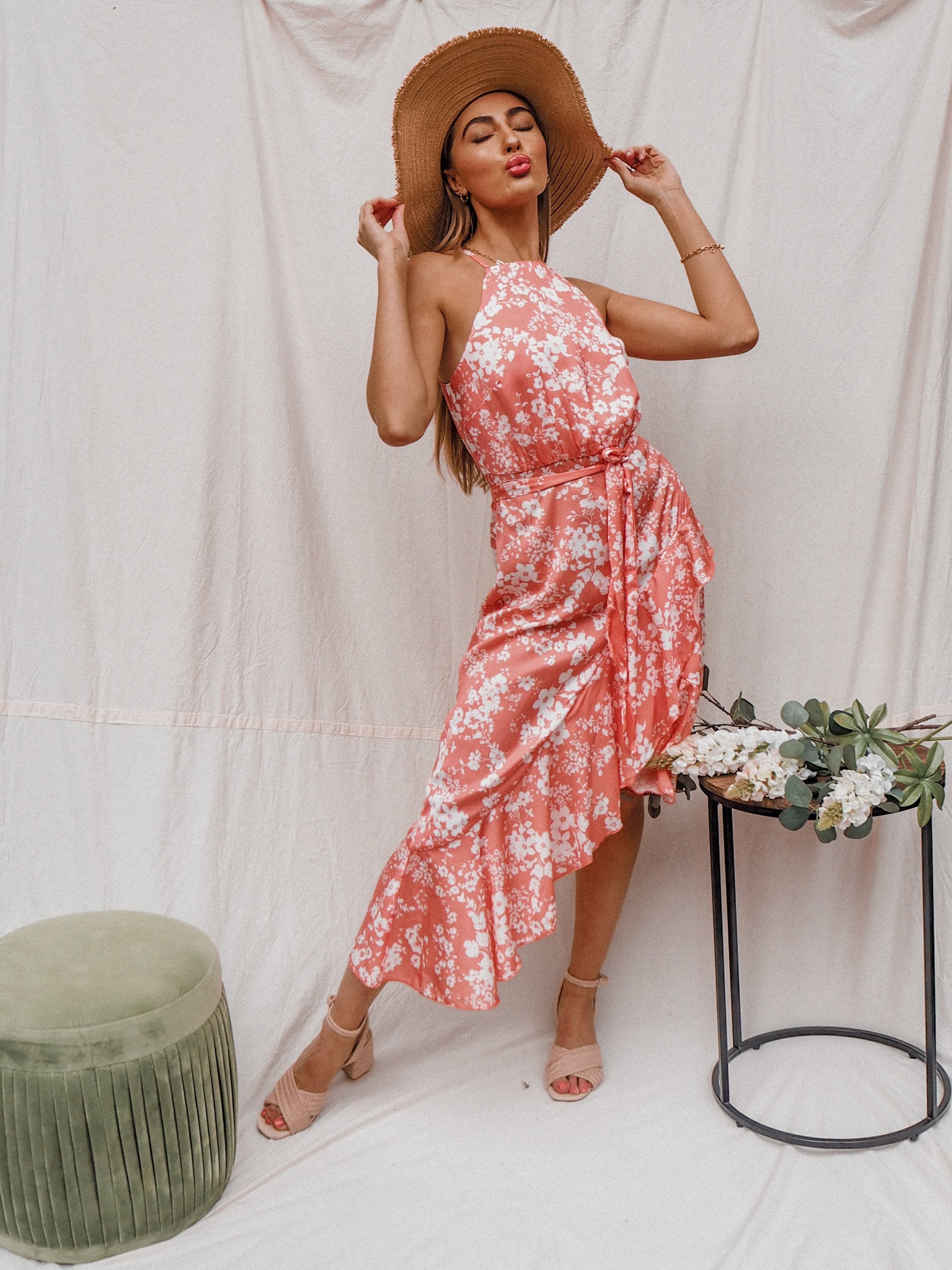 Ariana Satin Frill Floral Halter Dress – Style Cheat