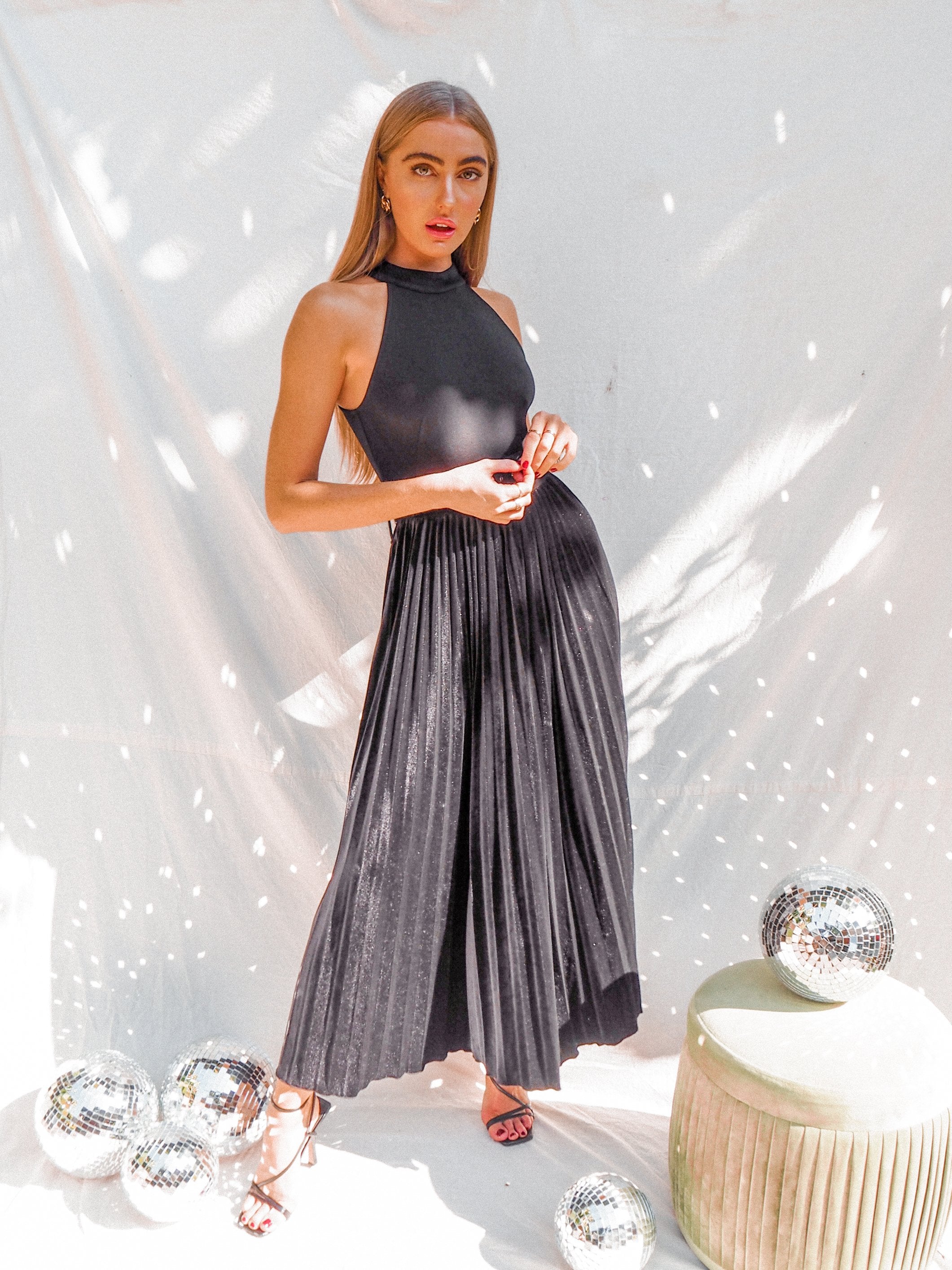 Luisa Belted Pleated Maxi Dress / Black Velvet