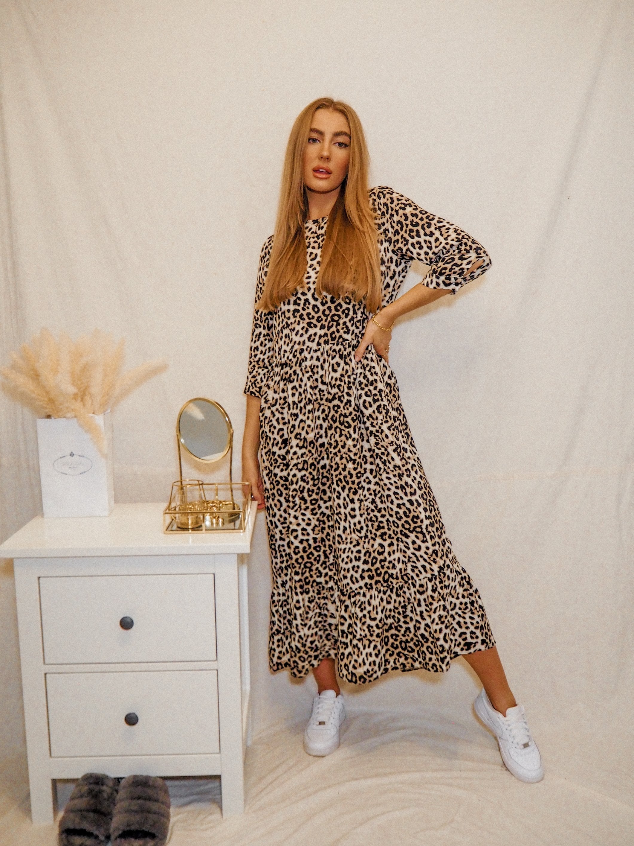 Hallie Midi Smock Long Sleeve Dress / Animal Leopard Print