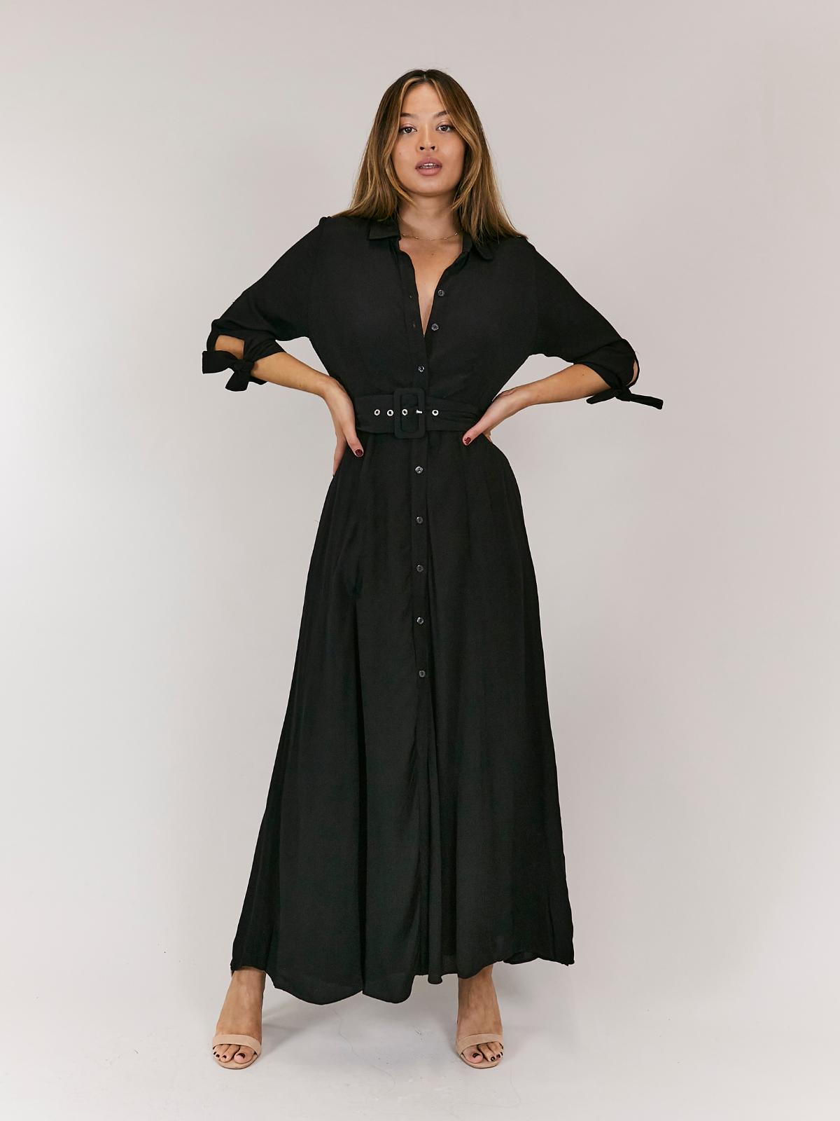 Daphne Belted Shirt Dress / Black