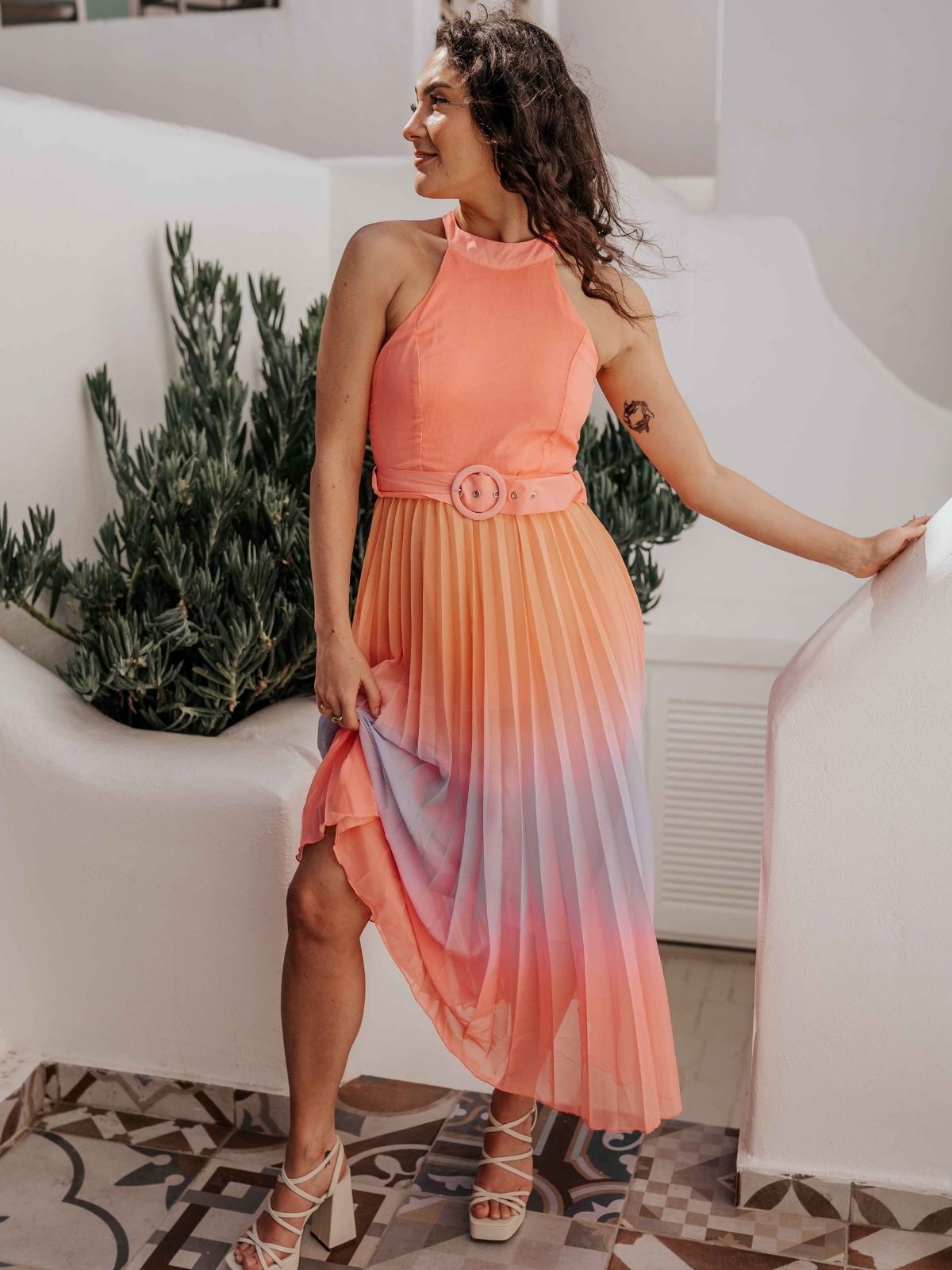 Luisa Belted Pleated Maxi Dress / Pastel Multi