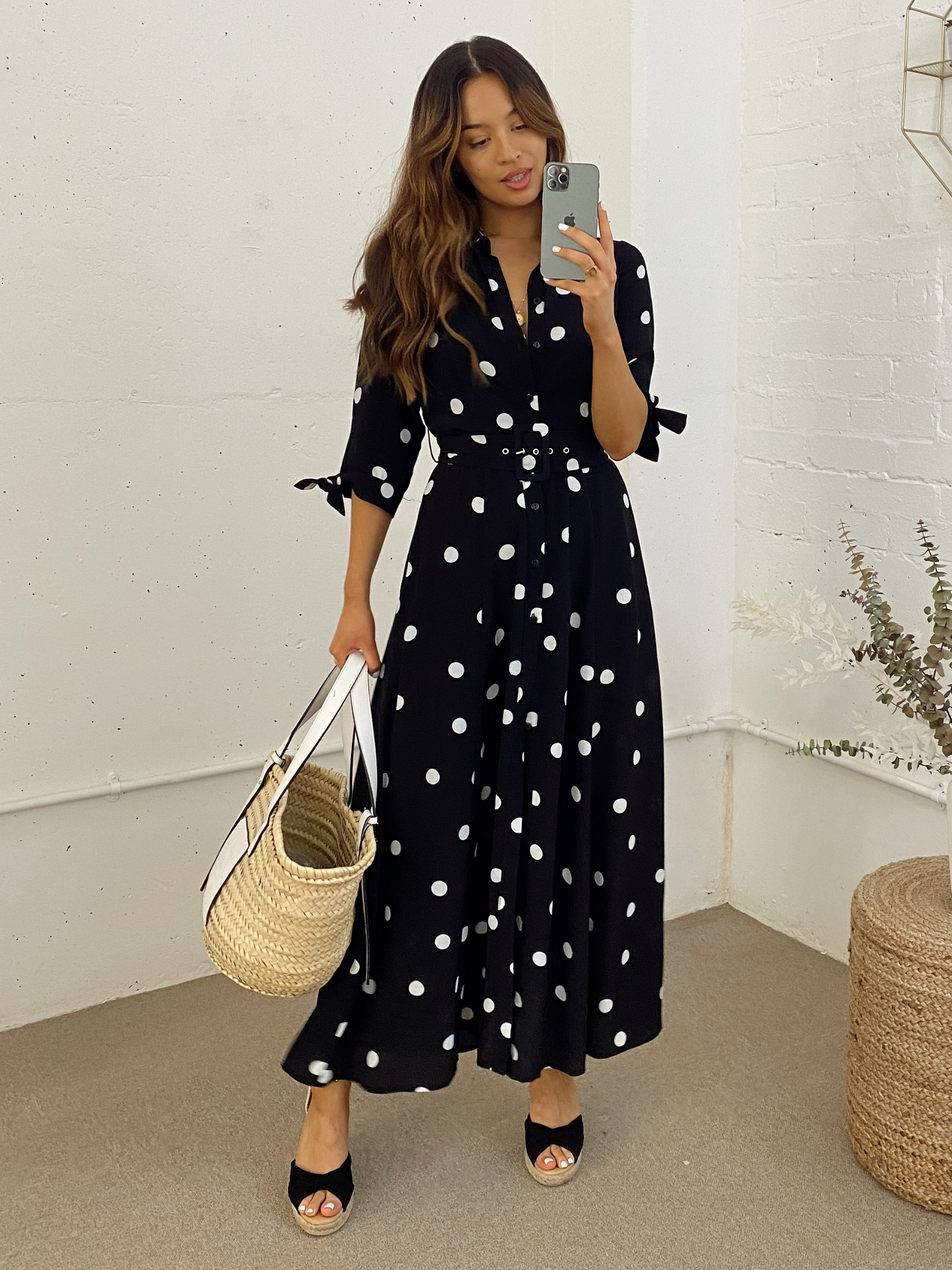 Daphne Belted Shirt Dress / Mono Spot Print